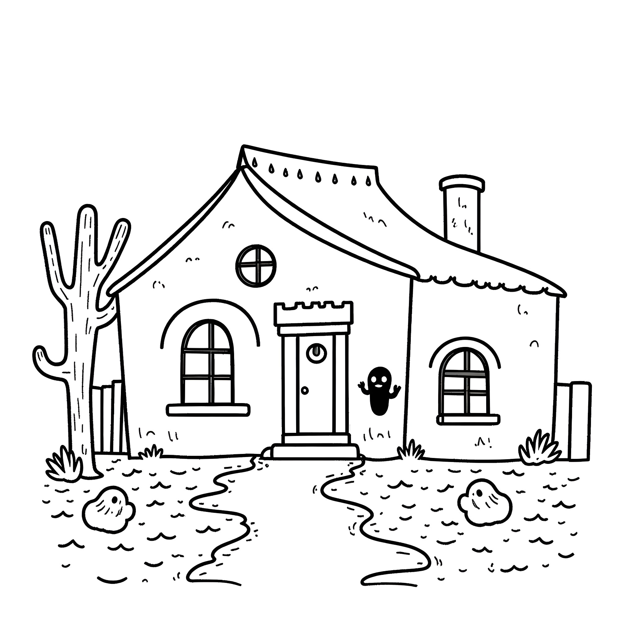 Mexico style house with cactus and dirt path Coloring Page (free black-and-white line drawing printable PDF for all, from beginners to advanced learners, including children, teens, adults, and seniors)