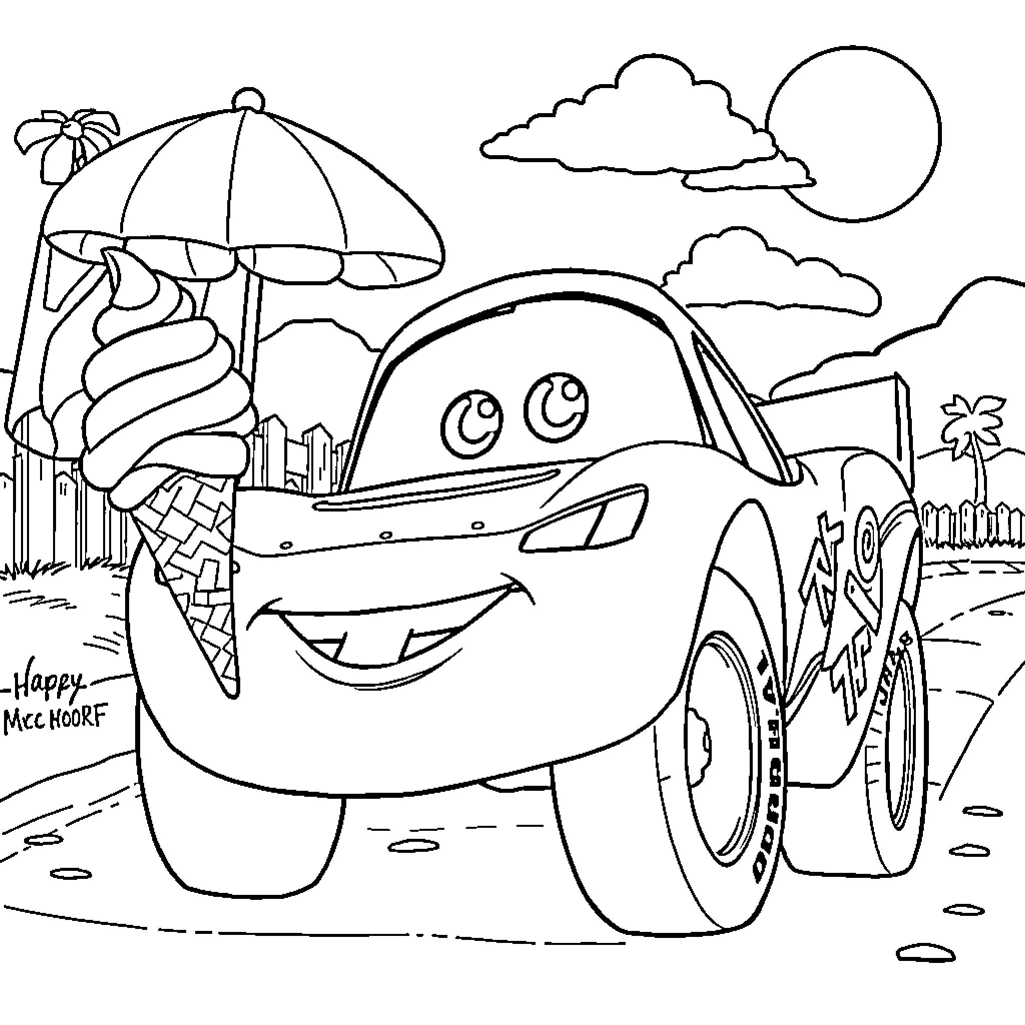 McQueen on a sunny beach vacation Coloring Page (free black-and-white line drawing printable PDF for all, from beginners to advanced learners, including children, teens, adults, and seniors)
