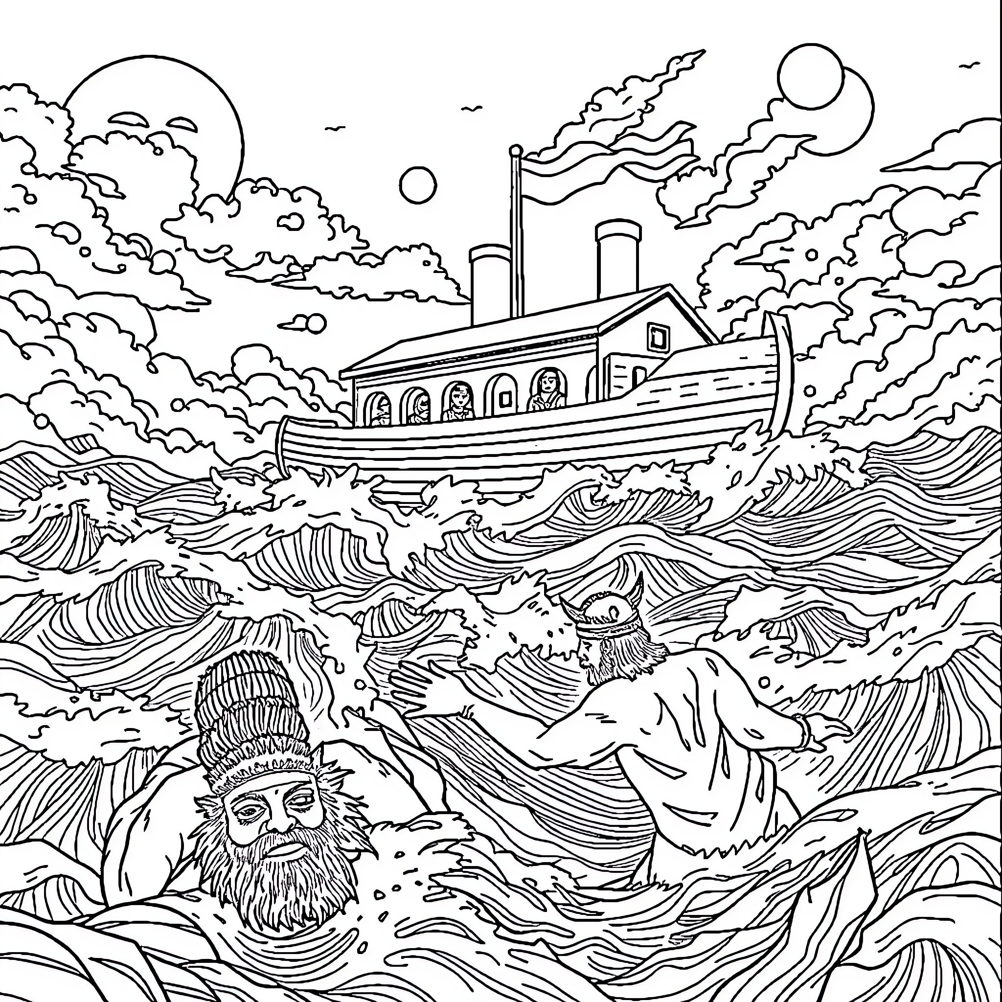 Noah's Ark sailing through the stormy seas with animals Coloring Page (free black-and-white line drawing printable PDF for all, from beginners to advanced learners, including children, teens, adults, and seniors)
