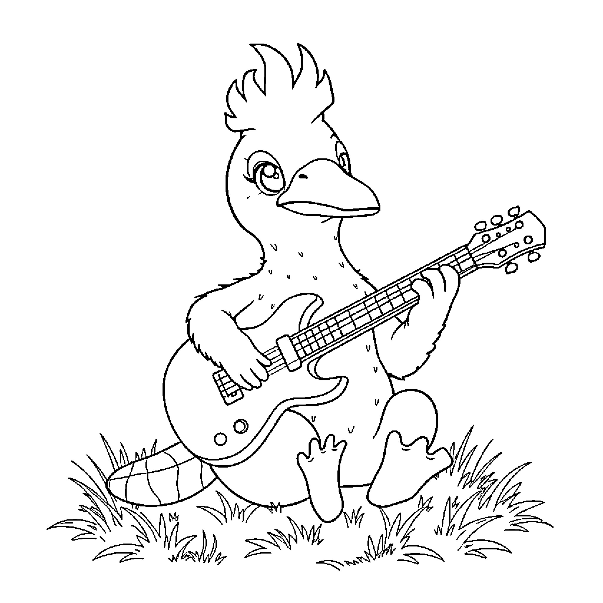 Perry the Playful Duck Rocking Out with Guitar Coloring Page (free black-and-white line drawing printable PDF for all, from beginners to advanced learners, including children, teens, adults, and seniors)