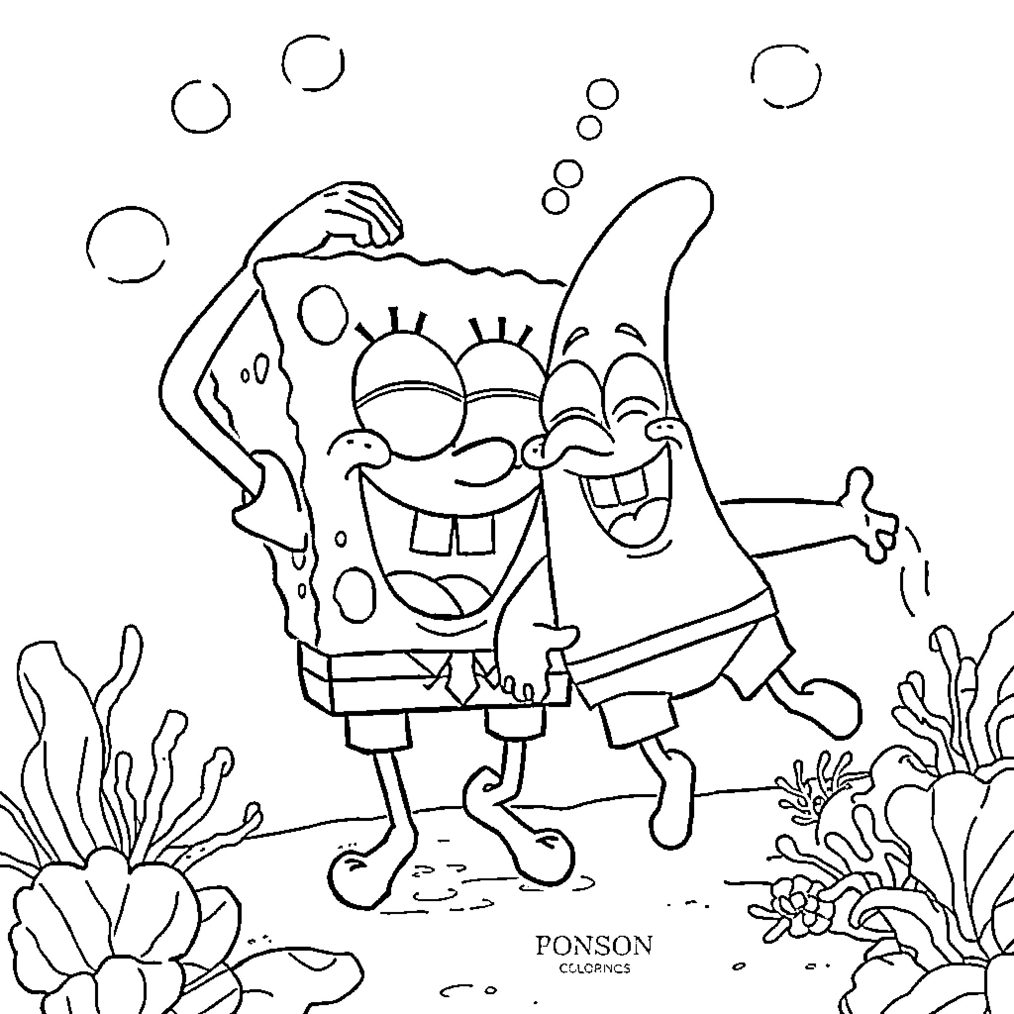 Spongebob and Patrick joyfully frolicking underwater Coloring Page (free black-and-white line drawing printable PDF for all, from beginners to advanced learners, including children, teens, adults, and seniors)