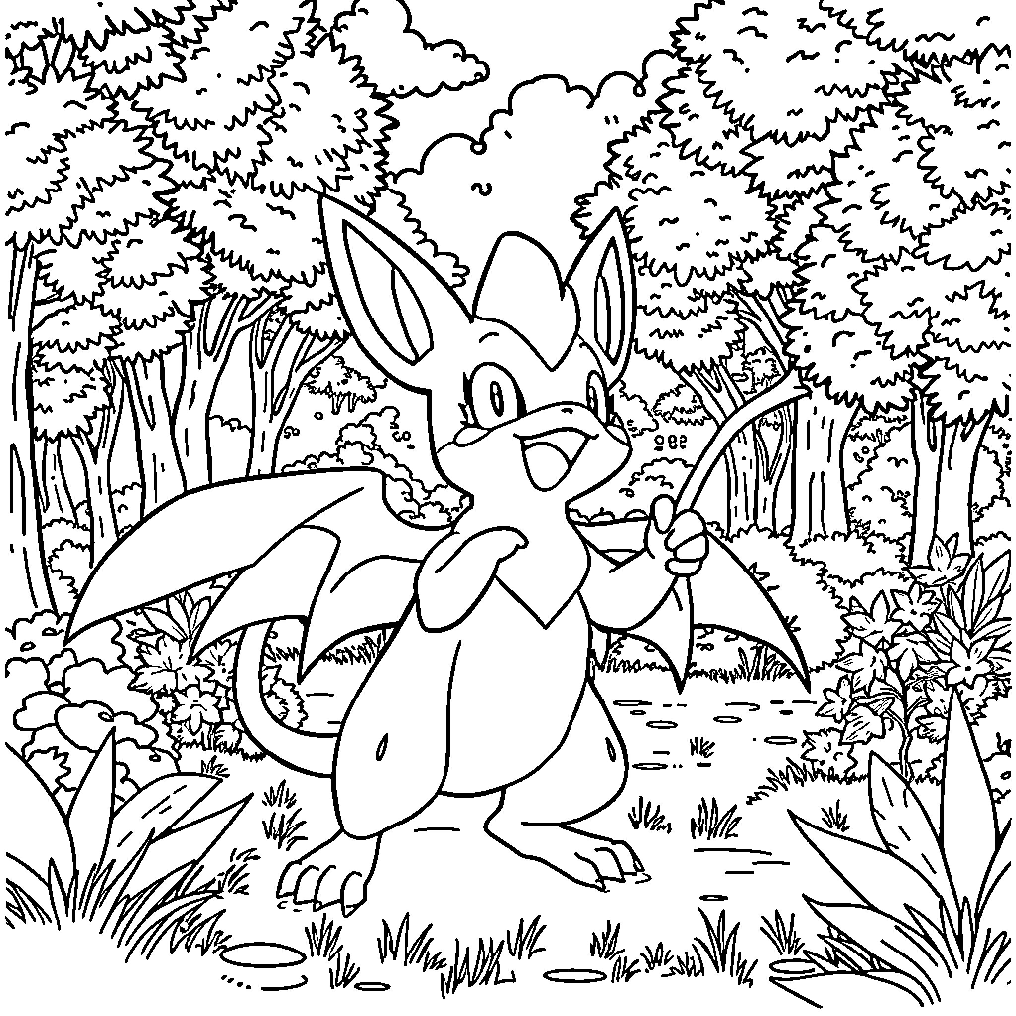 Huntrix's Whimsical Forest Adventure Coloring Page (free black-and-white line drawing printable PDF for all, from beginners to advanced learners, including children, teens, adults, and seniors)