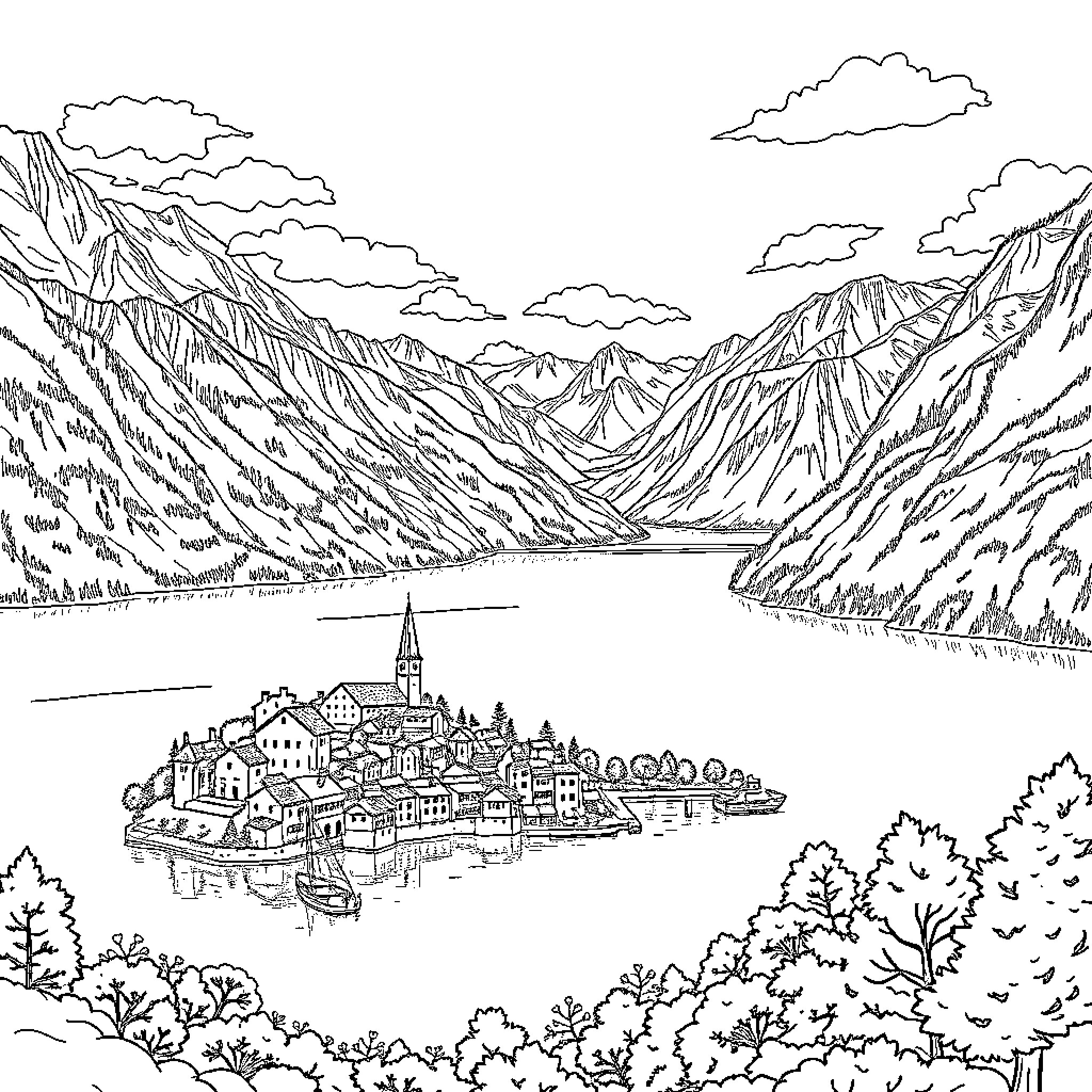 Lake Nestled in Majestic Mountains and Countryside Coloring Page (free black-and-white line drawing printable PDF for all, from beginners to advanced learners, including children, teens, adults, and seniors)