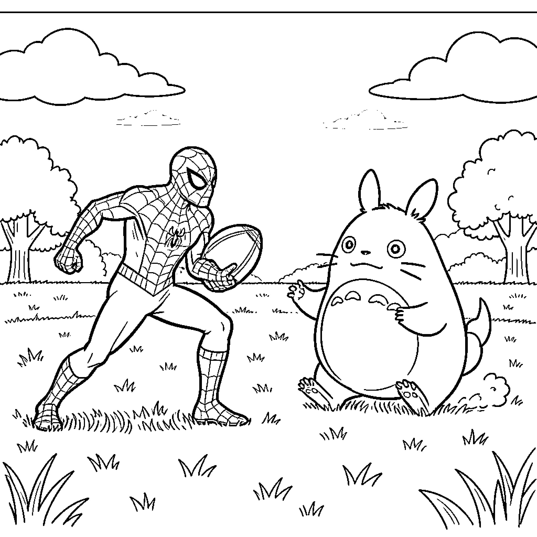 Spiderman playing rugby with a forest creature Coloring Page (free black-and-white line drawing printable PDF for all, from beginners to advanced learners, including children, teens, adults, and seniors)