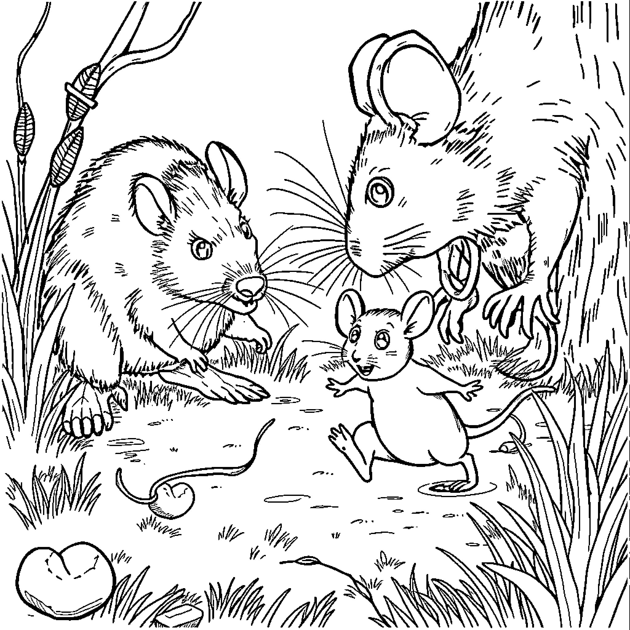 Mouse family exploring natural surroundings Coloring Page (free black-and-white line drawing printable PDF for all, from beginners to advanced learners, including children, teens, adults, and seniors)