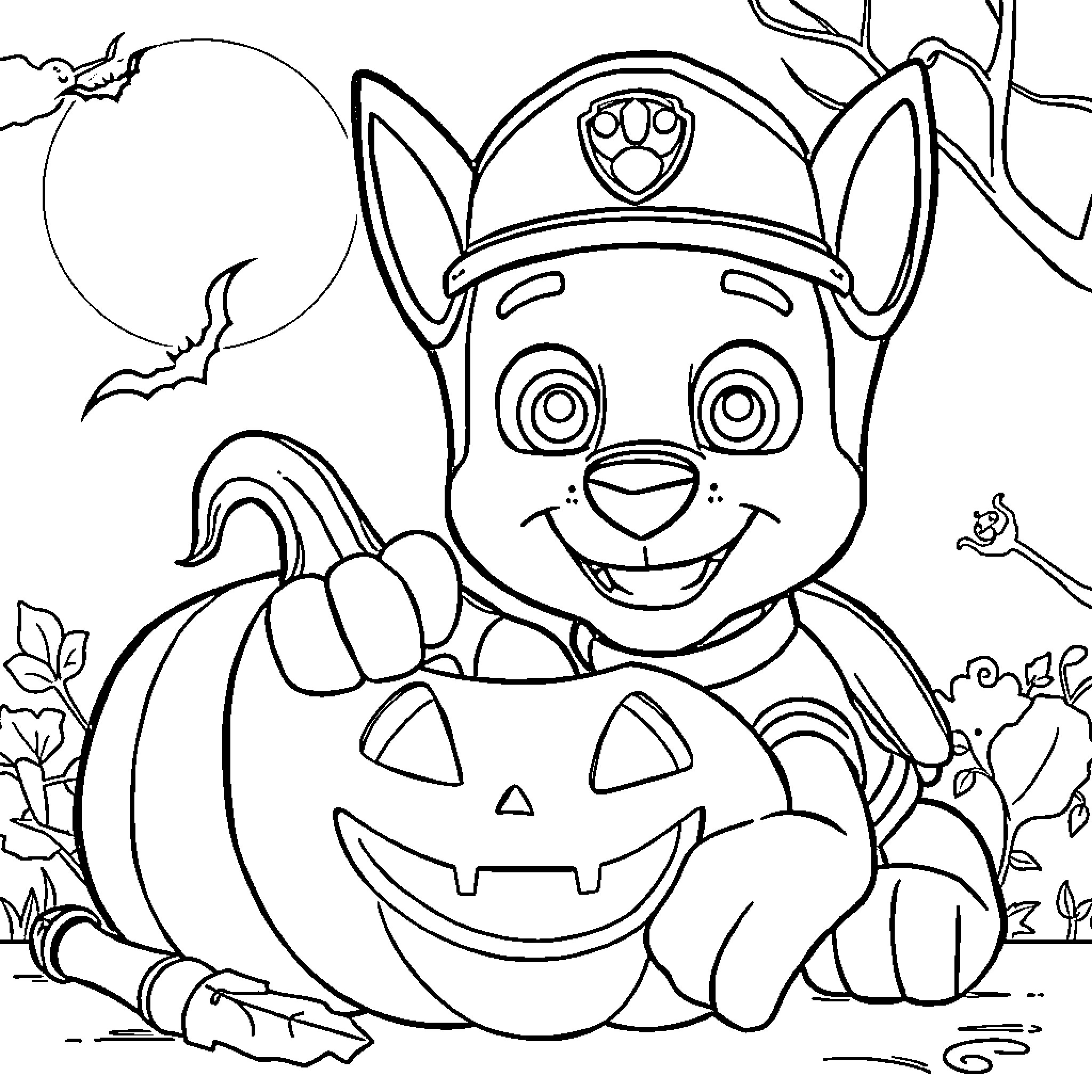Paw Patrol Pup Enjoying Halloween Fun Coloring Page (free black-and-white line drawing printable PDF for all, from beginners to advanced learners, including children, teens, adults, and seniors)