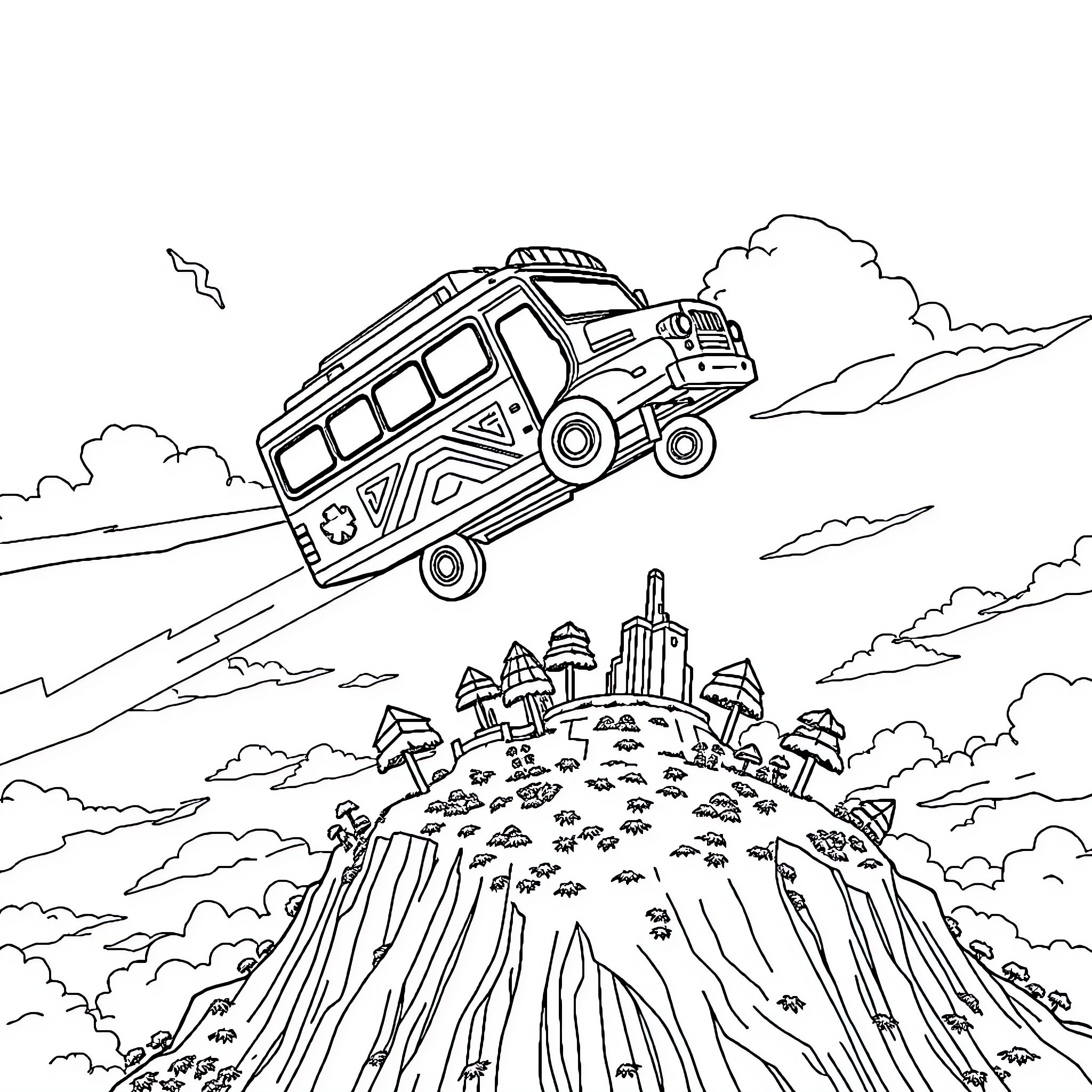 Battle Bus racing over a fantastical landscape Coloring Page (free black-and-white line drawing printable PDF for all, from beginners to advanced learners, including children, teens, adults, and seniors)