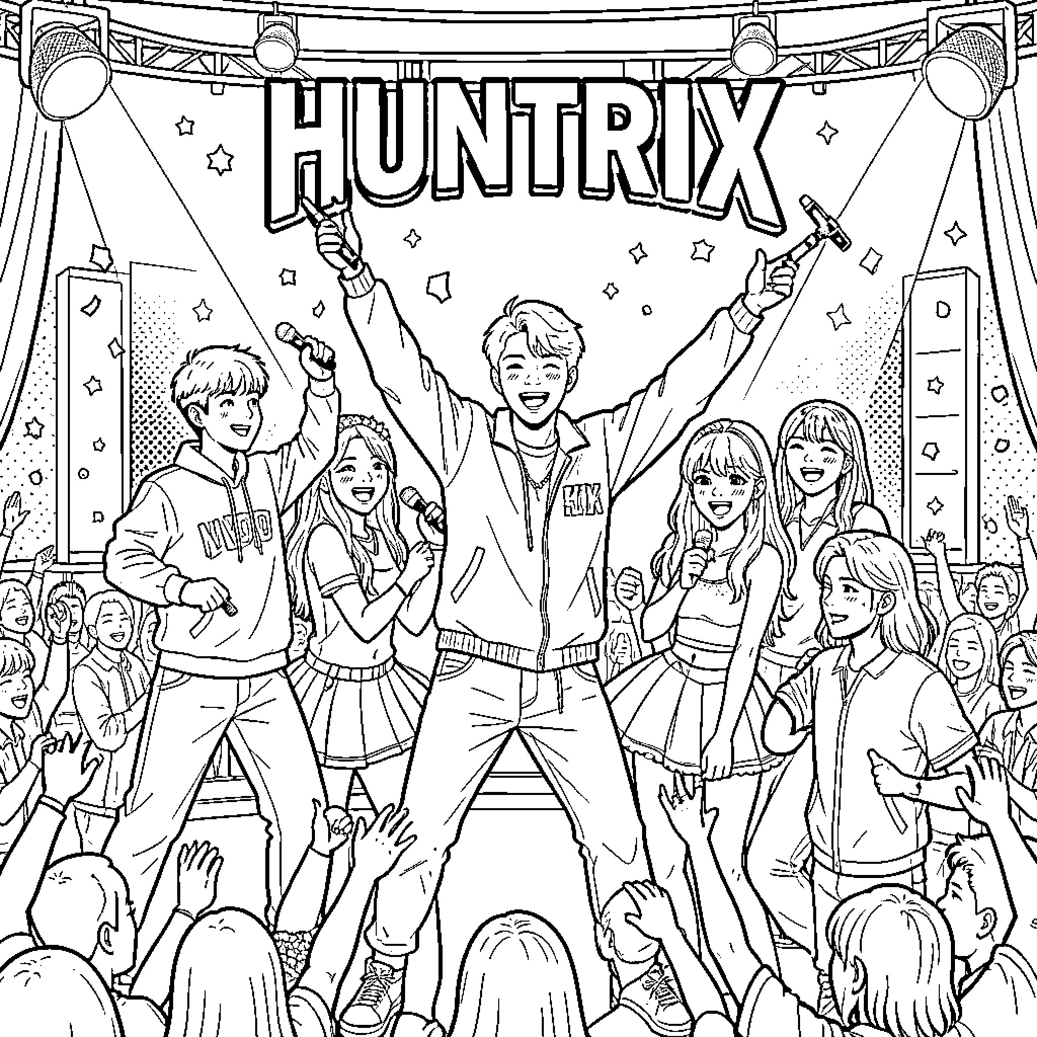 Huntrix Performing on Stage with Excited Crowd Coloring Page (free black-and-white line drawing printable PDF for all, from beginners to advanced learners, including children, teens, adults, and seniors)