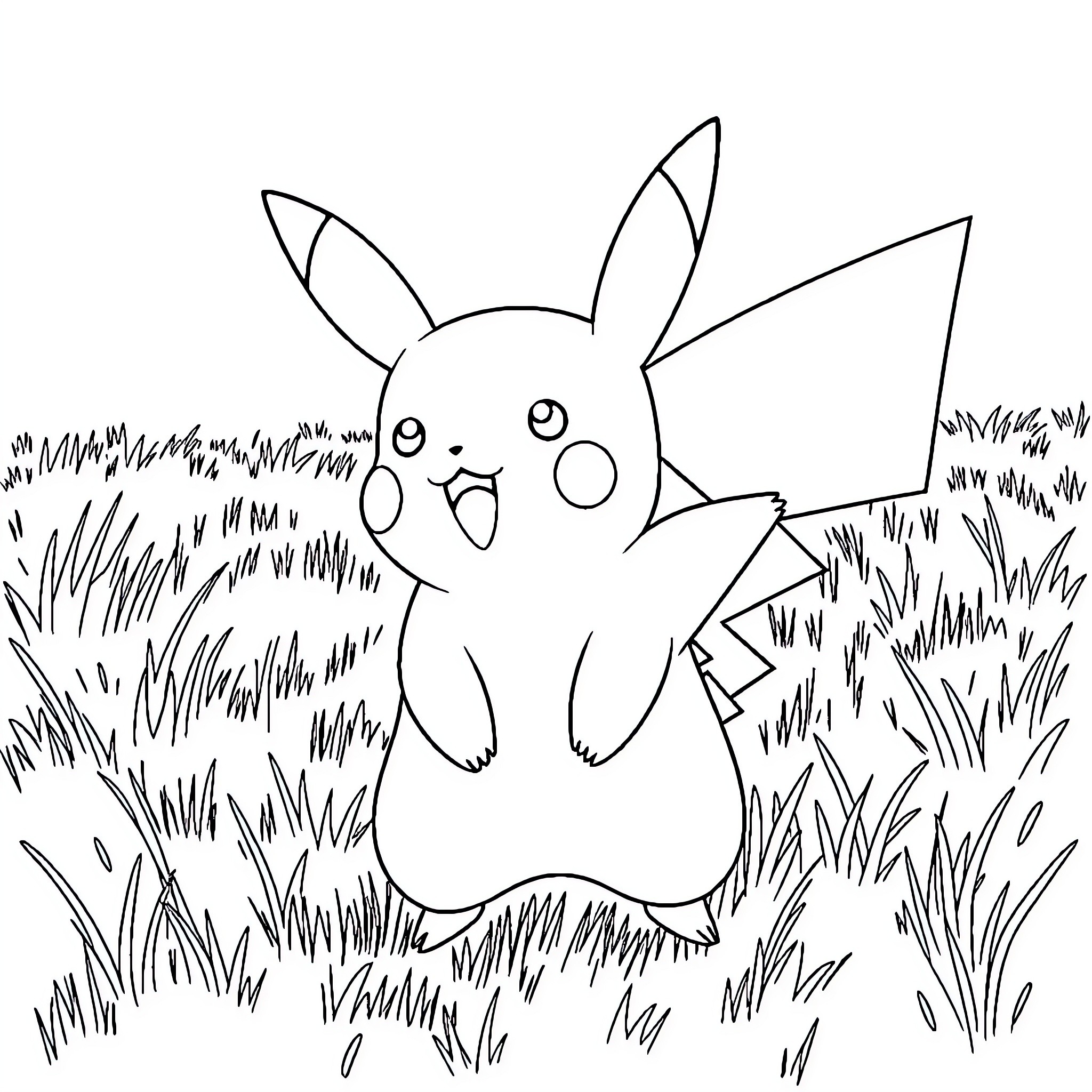 Pikachu exploring the grassy field Coloring Page (free black-and-white line drawing printable PDF for all, from beginners to advanced learners, including children, teens, adults, and seniors)