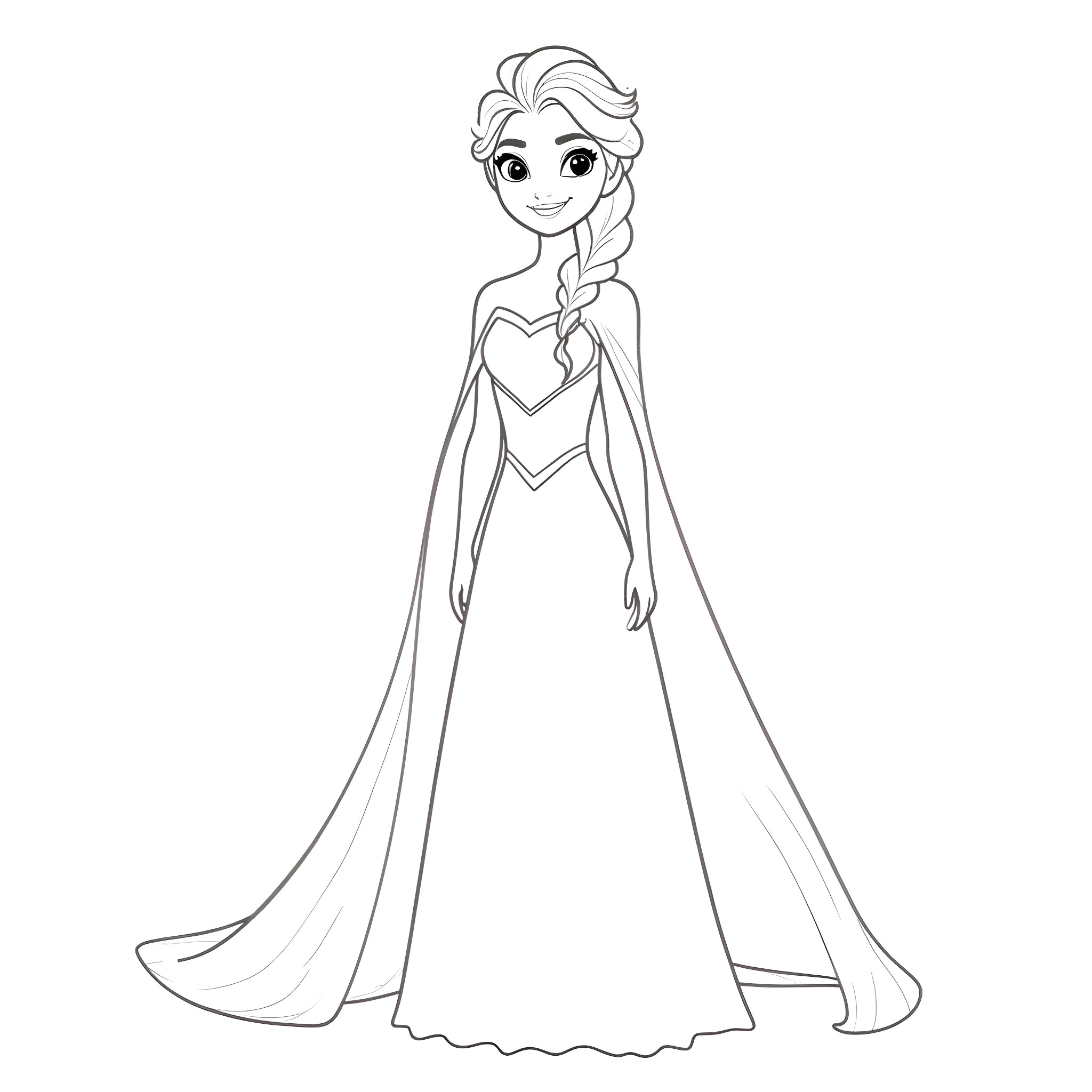 Elsa in her enchanting ice-themed dress Coloring Page (free black-and-white line drawing printable PDF for all, from beginners to advanced learners, including children, teens, adults, and seniors)