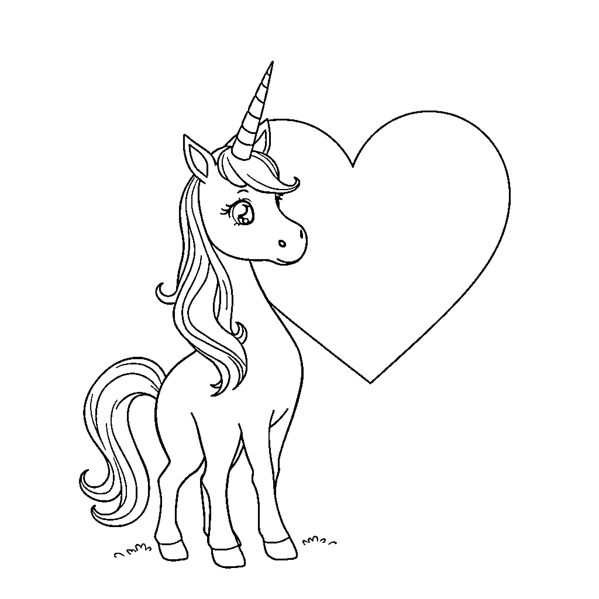 Unicorn admiring a heart-shaped design Coloring Page (free black-and-white line drawing printable PDF for all, from beginners to advanced learners, including children, teens, adults, and seniors)