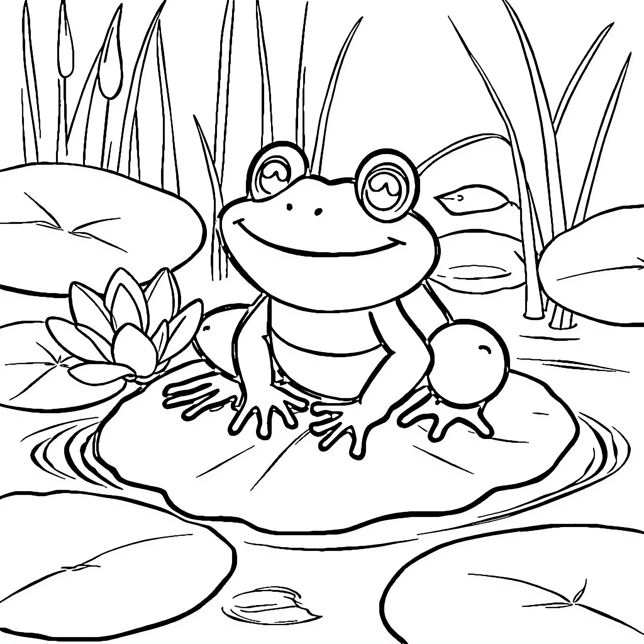 Frog sitting happily on a lily pad Coloring Page (free black-and-white line drawing printable PDF for all, from beginners to advanced learners, including children, teens, adults, and seniors)