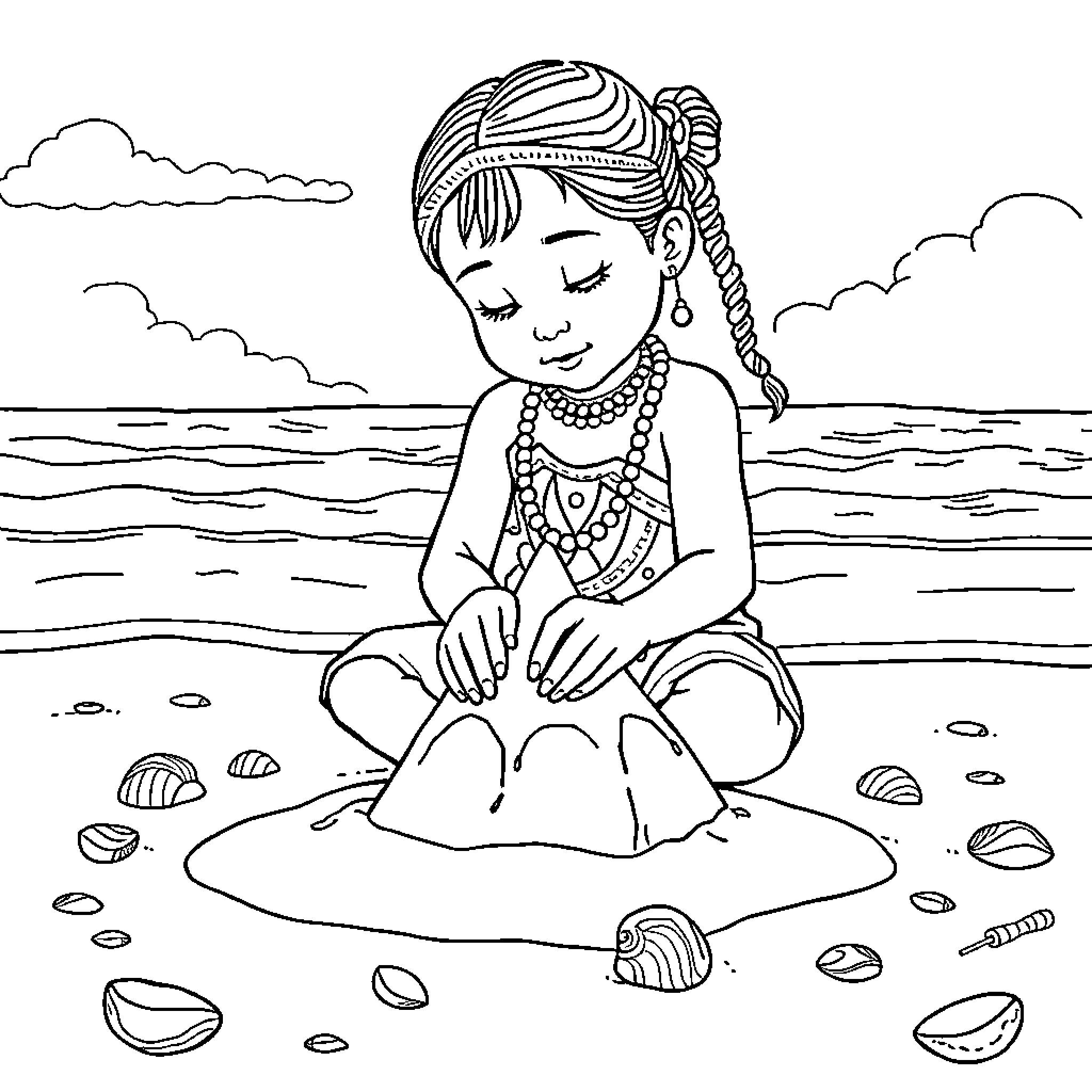 Girl sitting on the beach with seashells Coloring Page (free black-and-white line drawing printable PDF for all, from beginners to advanced learners, including children, teens, adults, and seniors)