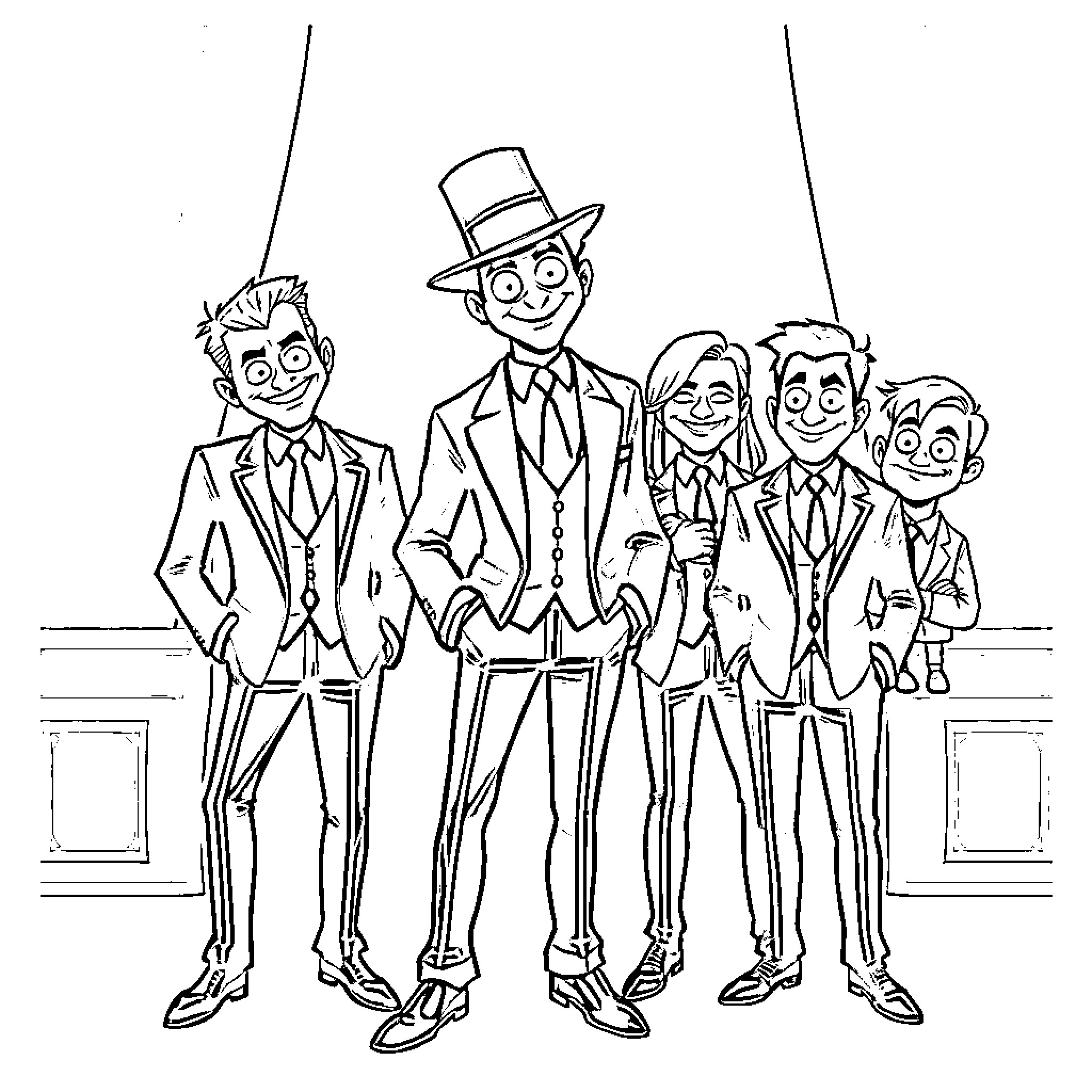 Jack and the Gentleman Colleagues in Formal Attire Coloring Page (free black-and-white line drawing printable PDF for all, from beginners to advanced learners, including children, teens, adults, and seniors)