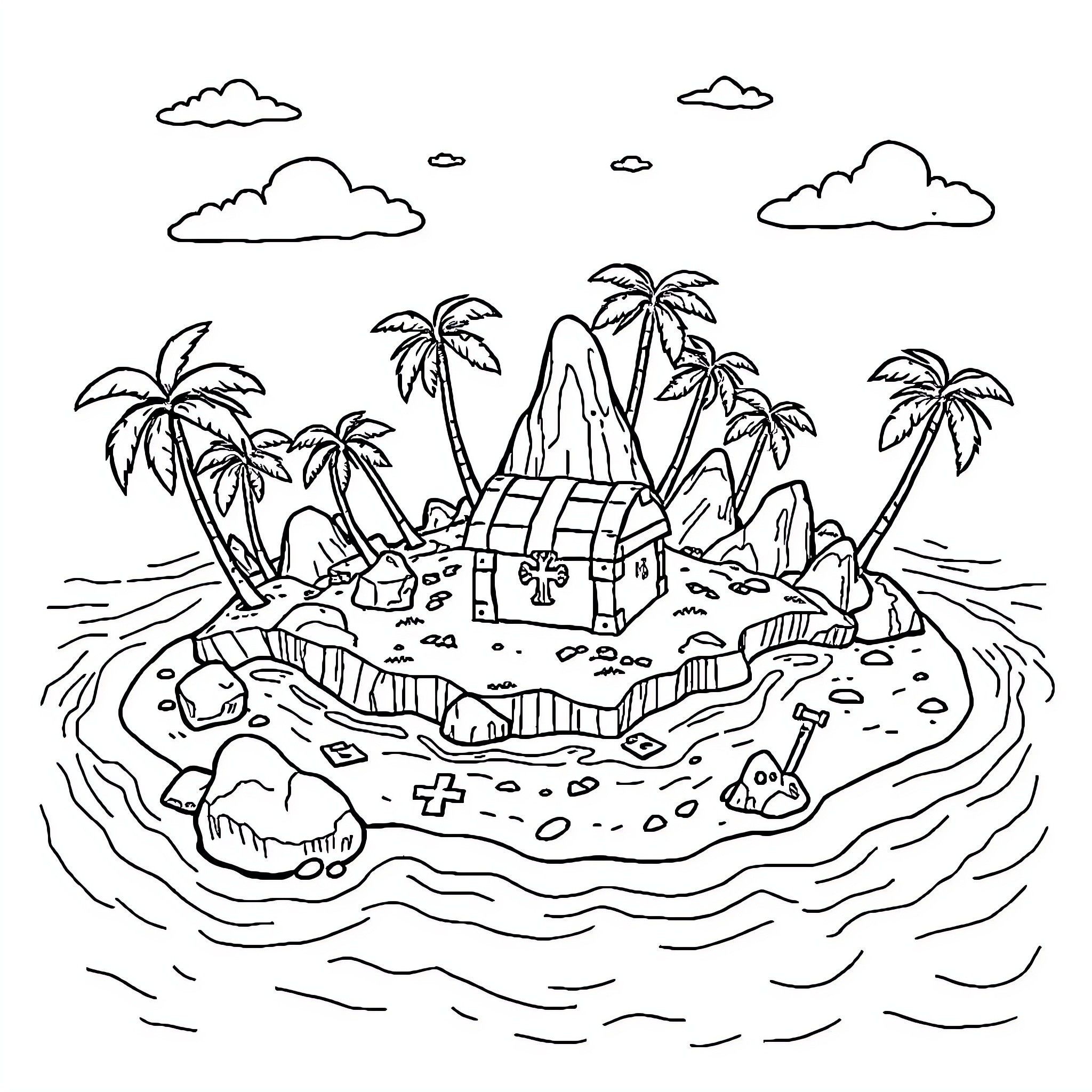 Treasure Map of a Deserted Island Adventure Coloring Page (free black-and-white line drawing printable PDF for all, from beginners to advanced learners, including children, teens, adults, and seniors)