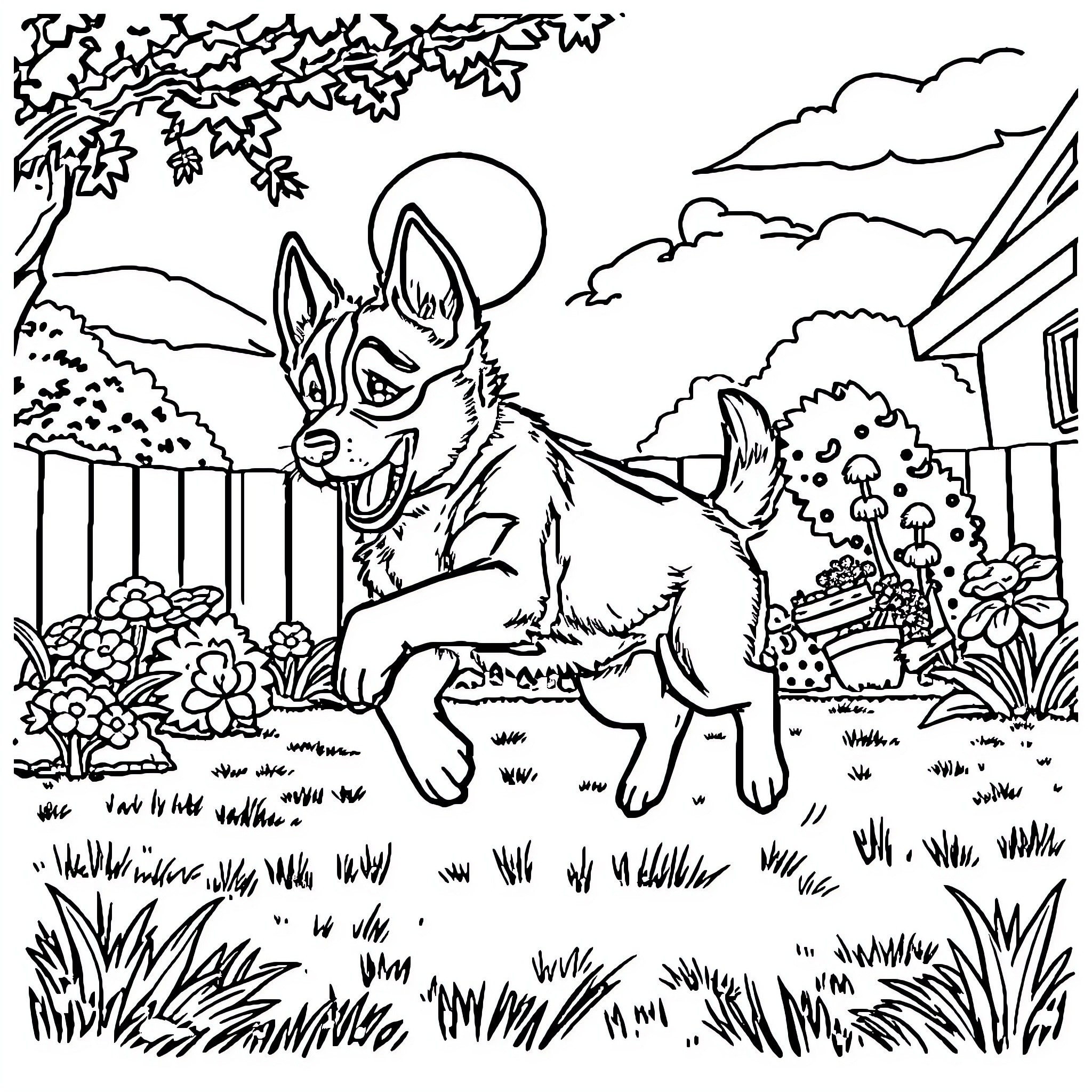 Bluey exploring the enchanting outdoor scene Coloring Page (free black-and-white line drawing printable PDF for all, from beginners to advanced learners, including children, teens, adults, and seniors)