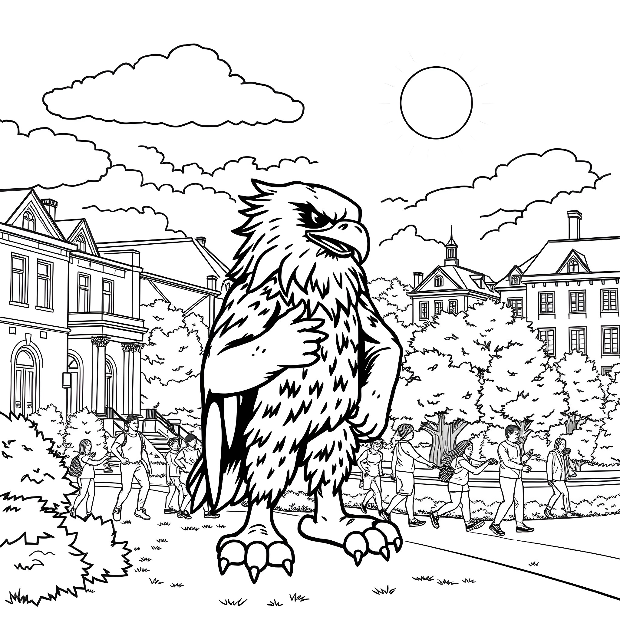 Eagle soaring over a lively town scene Coloring Page (free black-and-white line drawing printable PDF for all, from beginners to advanced learners, including children, teens, adults, and seniors)