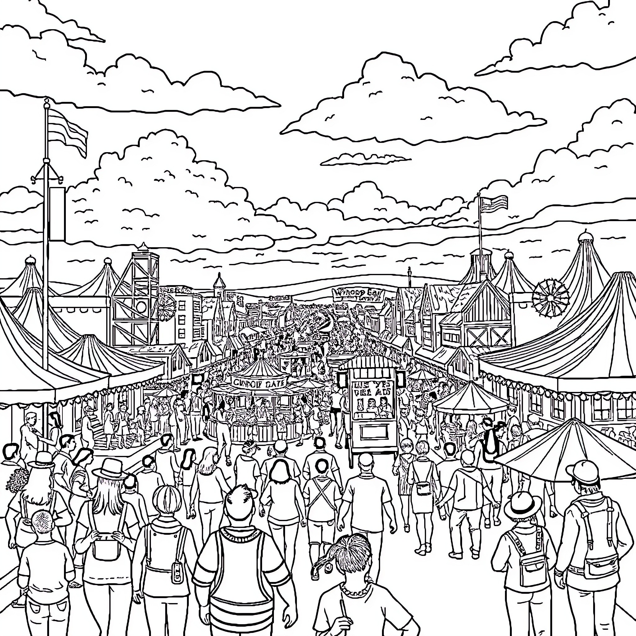 Whoop Up Days - Bustling festival with diverse crowd and activities Coloring Page (free black-and-white line drawing printable PDF for all, from beginners to advanced learners, including children, teens, adults, and seniors)