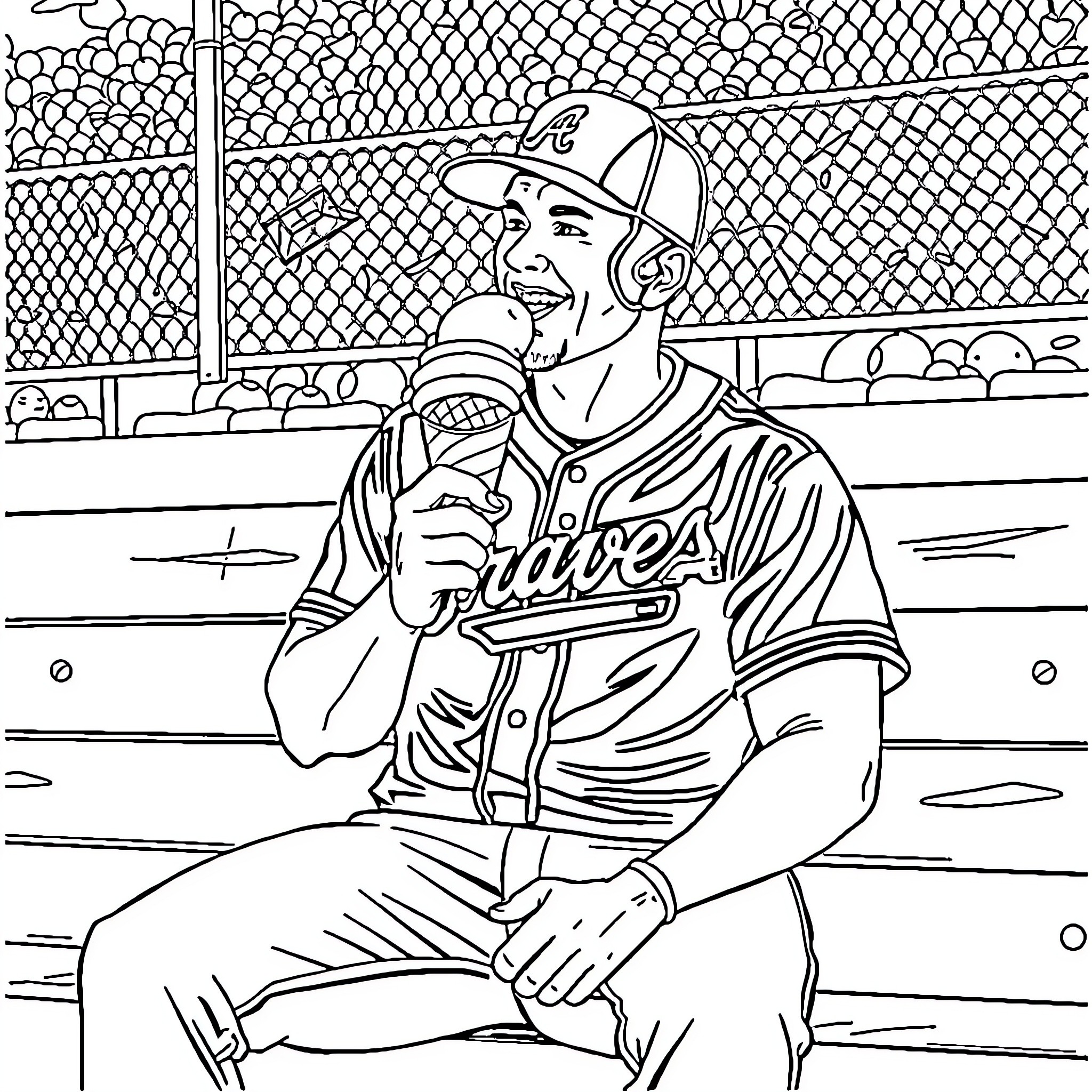 Braves Player Sitting on Bench During Game Coloring Page (free black-and-white line drawing printable PDF for all, from beginners to advanced learners, including children, teens, adults, and seniors)