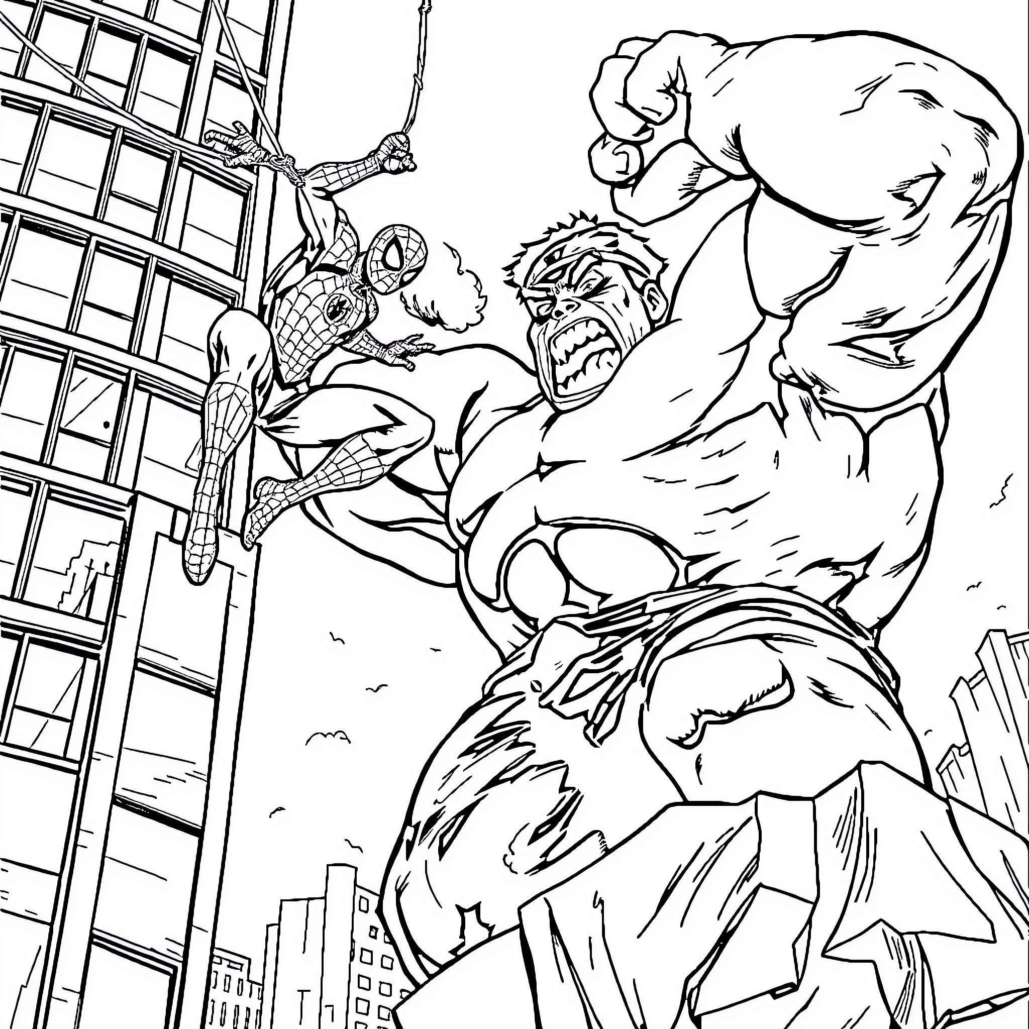 Spiderman battles fearsome foe in urban showdown Coloring Page (free black-and-white line drawing printable PDF for all, from beginners to advanced learners, including children, teens, adults, and seniors)