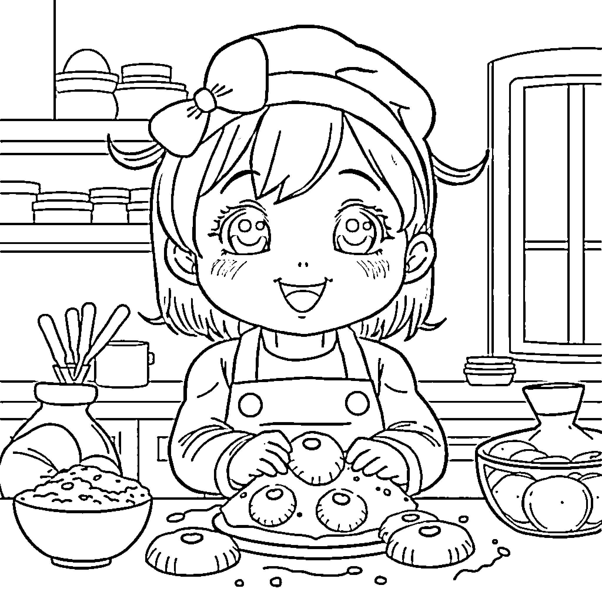Saja's Happy Cooking Time Coloring Page (free black-and-white line drawing printable PDF for all, from beginners to advanced learners, including children, teens, adults, and seniors)