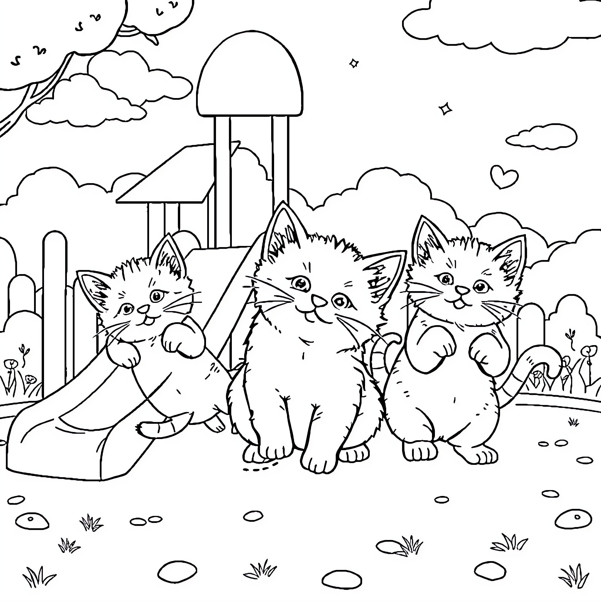 Kittens playing on a playground slide Coloring Page (free black-and-white line drawing printable PDF for all, from beginners to advanced learners, including children, teens, adults, and seniors)