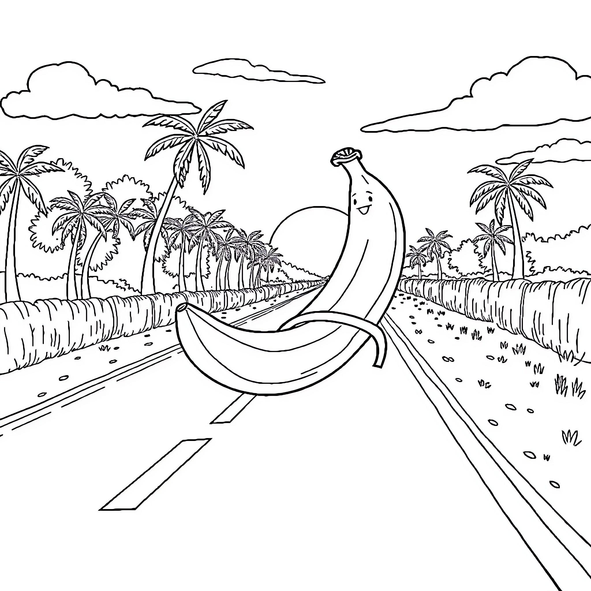 Banana crossing the tropical road Coloring Page (free black-and-white line drawing printable PDF for all, from beginners to advanced learners, including children, teens, adults, and seniors)