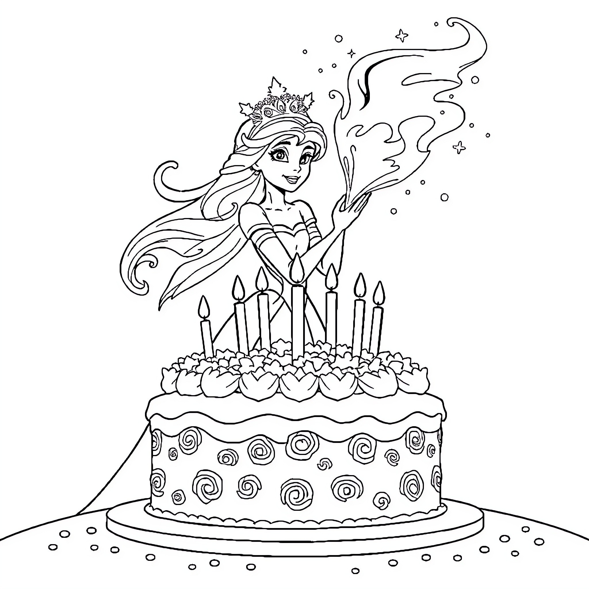 Reine des Neiges princess celebrating birthday with cake Coloring Page (free black-and-white line drawing printable PDF for all, from beginners to advanced learners, including children, teens, adults, and seniors)