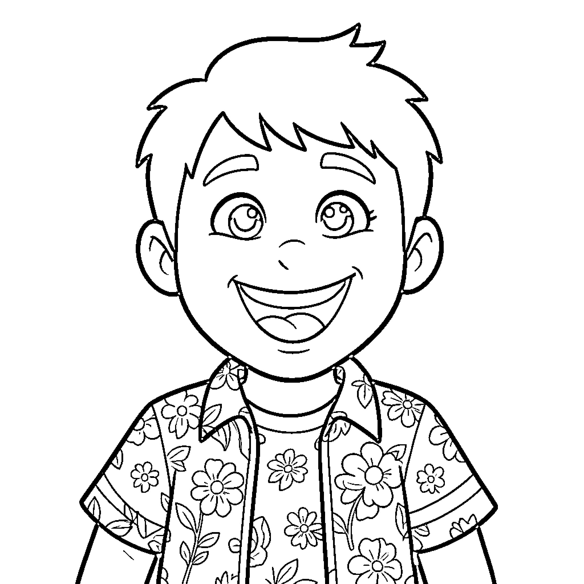 Juan Carlos Bodoque smiling happily in flower shirt Coloring Page (free black-and-white line drawing printable PDF for all, from beginners to advanced learners, including children, teens, adults, and seniors)