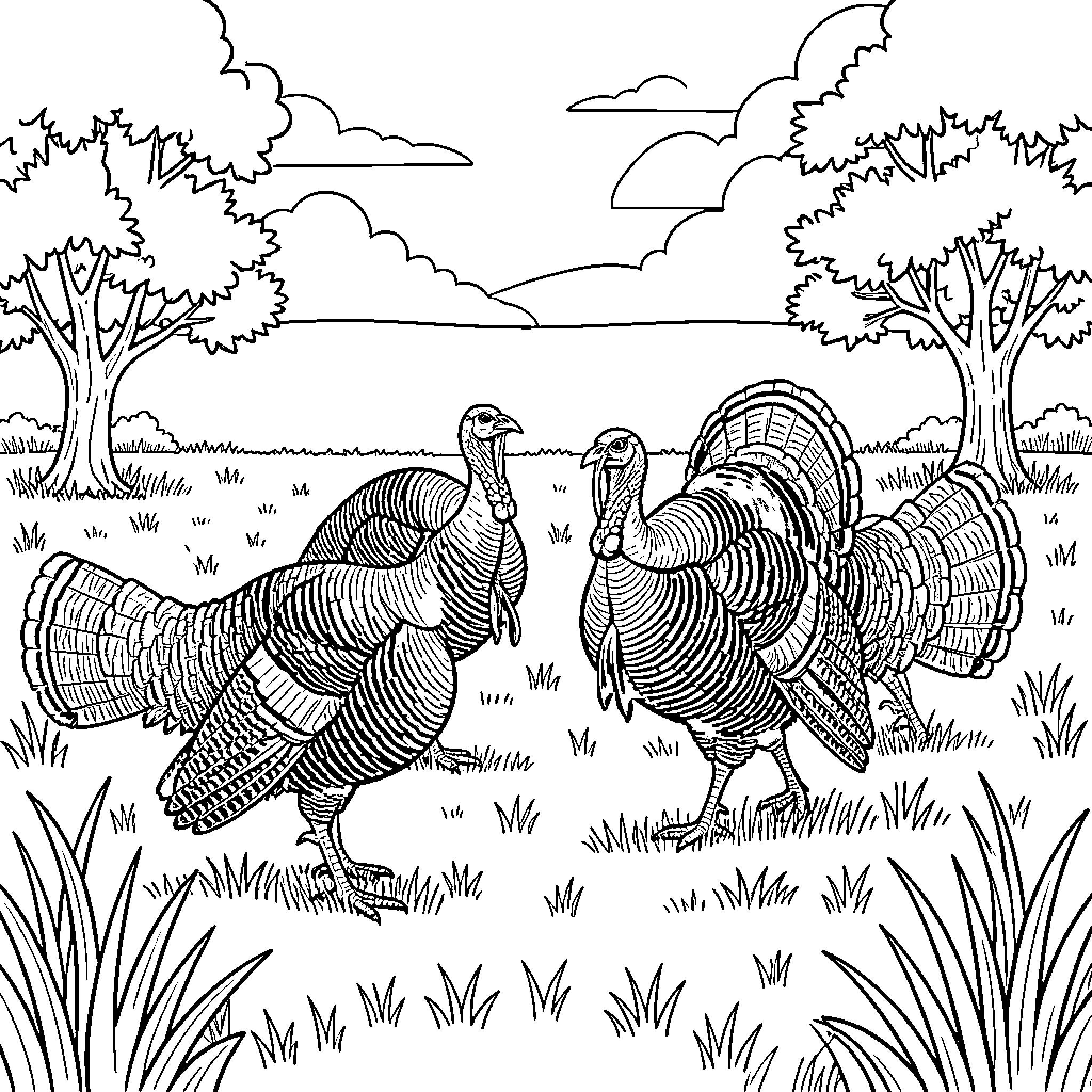 Cochon d'Inde turkeys walking through a grassy field Coloring Page (free black-and-white line drawing printable PDF for all, from beginners to advanced learners, including children, teens, adults, and seniors)