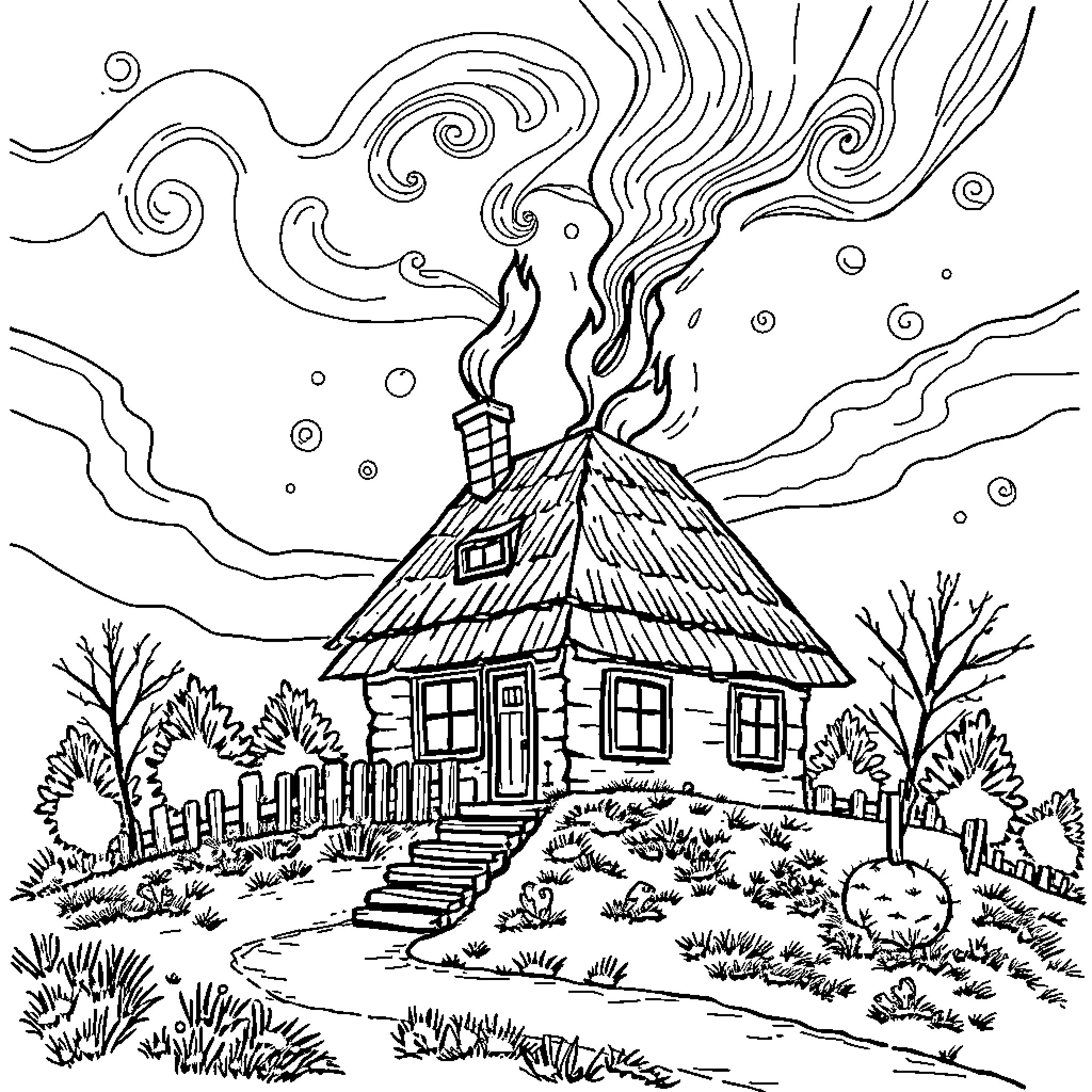 House surrounded by nature with smoke billowing Coloring Page (free black-and-white line drawing printable PDF for all, from beginners to advanced learners, including children, teens, adults, and seniors)