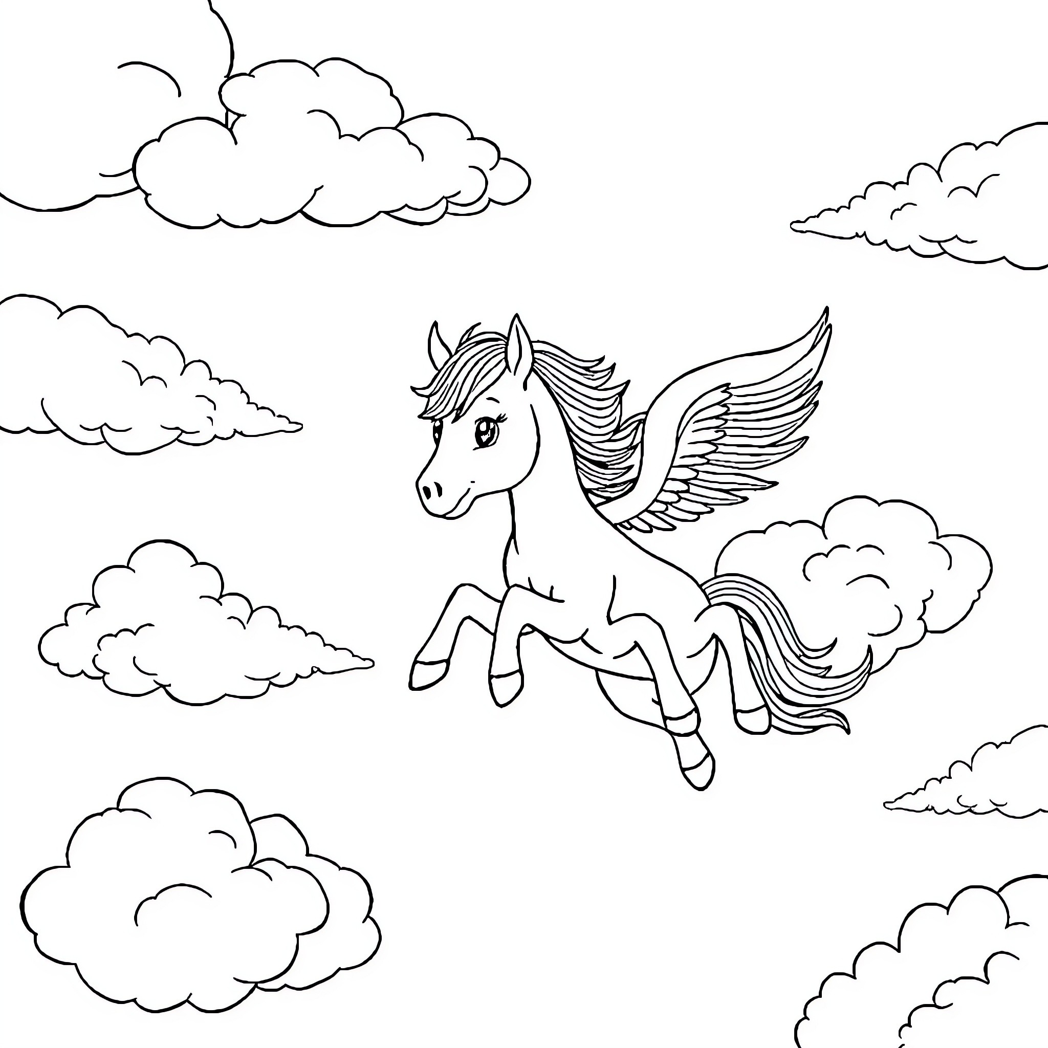 Pony soaring through the clouds Coloring Page (free black-and-white line drawing printable PDF for all, from beginners to advanced learners, including children, teens, adults, and seniors)