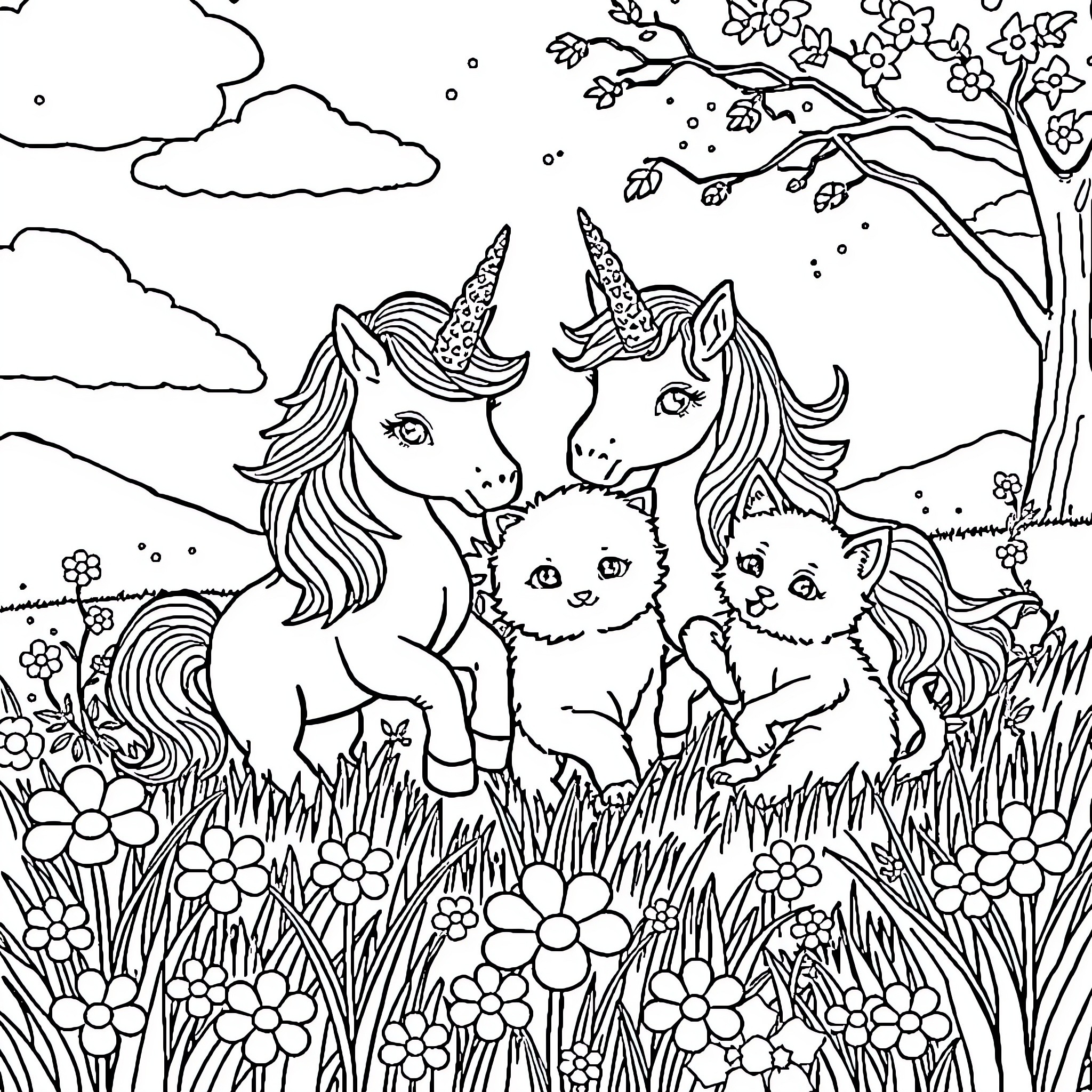 Unicorn friends enjoying a magical day in nature Coloring Page (free black-and-white line drawing printable PDF for all, from beginners to advanced learners, including children, teens, adults, and seniors)