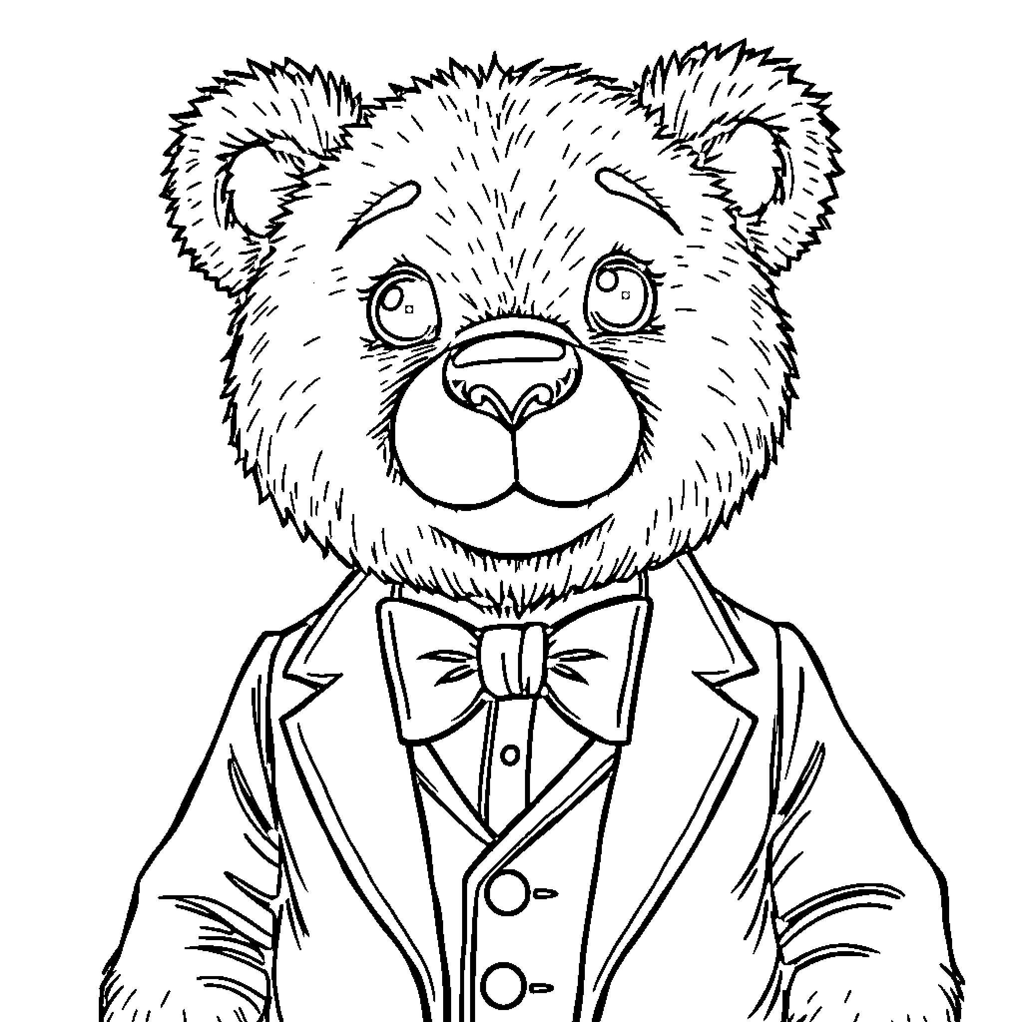 Teddy Bear in a Formal Suit Coloring Page (free black-and-white line drawing printable PDF for all, from beginners to advanced learners, including children, teens, adults, and seniors)