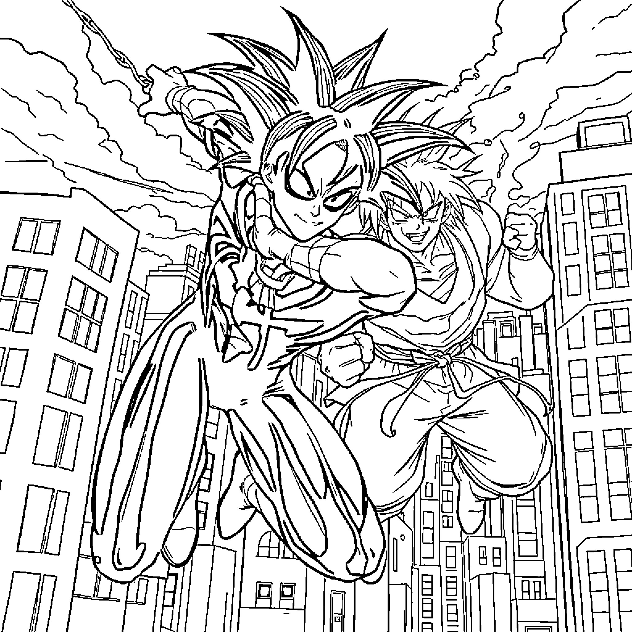 Spiderman-like superheroes fighting in the city Coloring Page (free black-and-white line drawing printable PDF for all, from beginners to advanced learners, including children, teens, adults, and seniors)