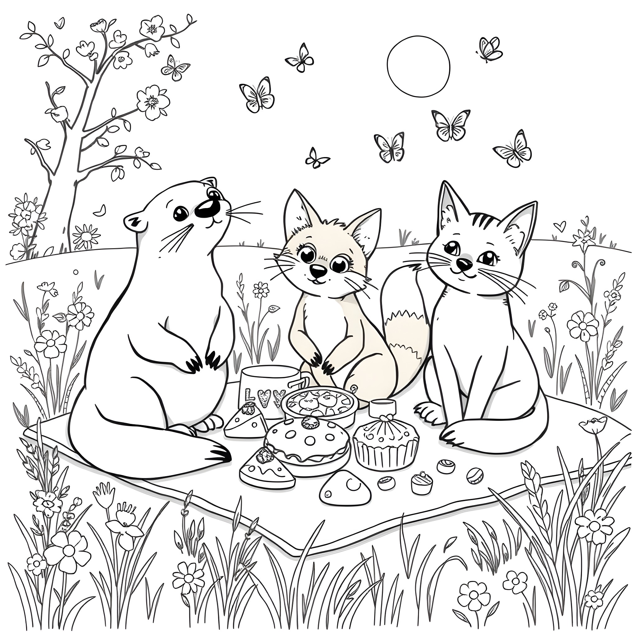 Otter and Cats Enjoying Treats in the Garden Coloring Page (free black-and-white line drawing printable PDF for all, from beginners to advanced learners, including children, teens, adults, and seniors)