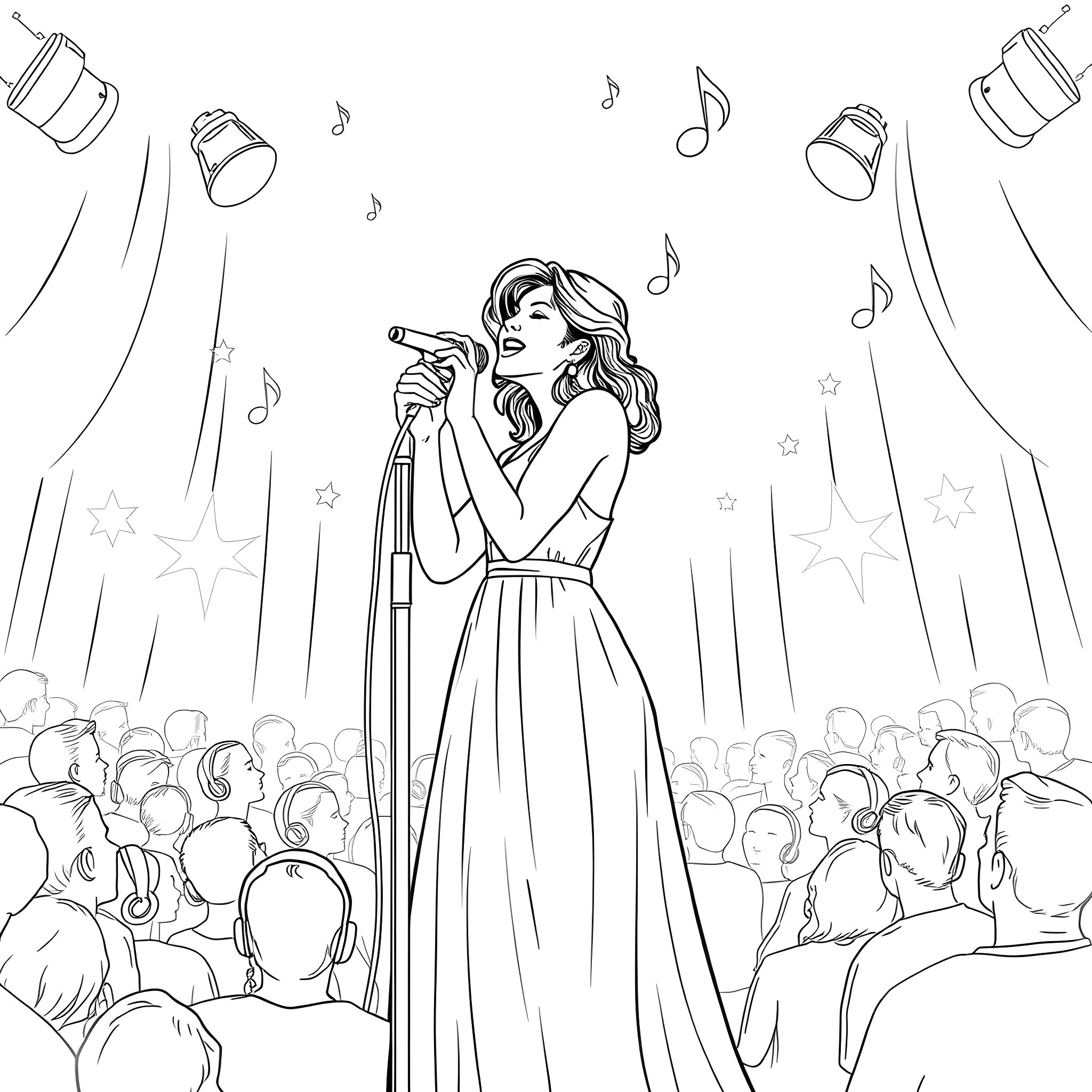 Woman singing on stage in front of audience Coloring Page (free black-and-white line drawing printable PDF for all, from beginners to advanced learners, including children, teens, adults, and seniors)
