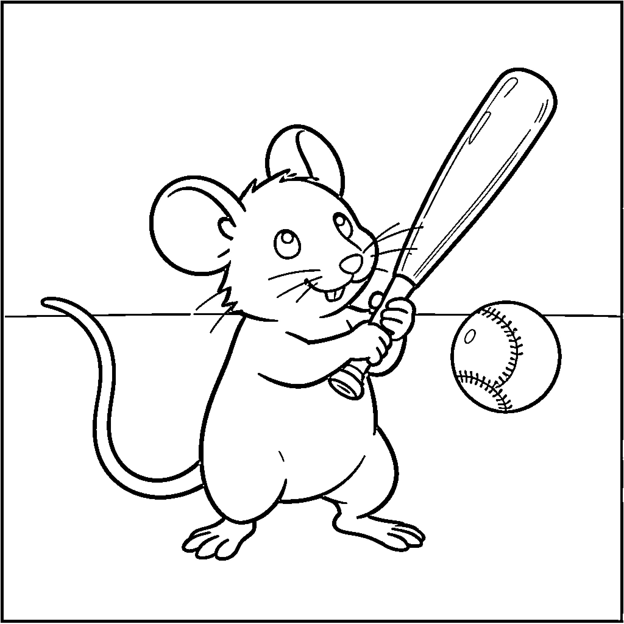 Mouse holding a baseball bat ready to hit Coloring Page (free black-and-white line drawing printable PDF for all, from beginners to advanced learners, including children, teens, adults, and seniors)
