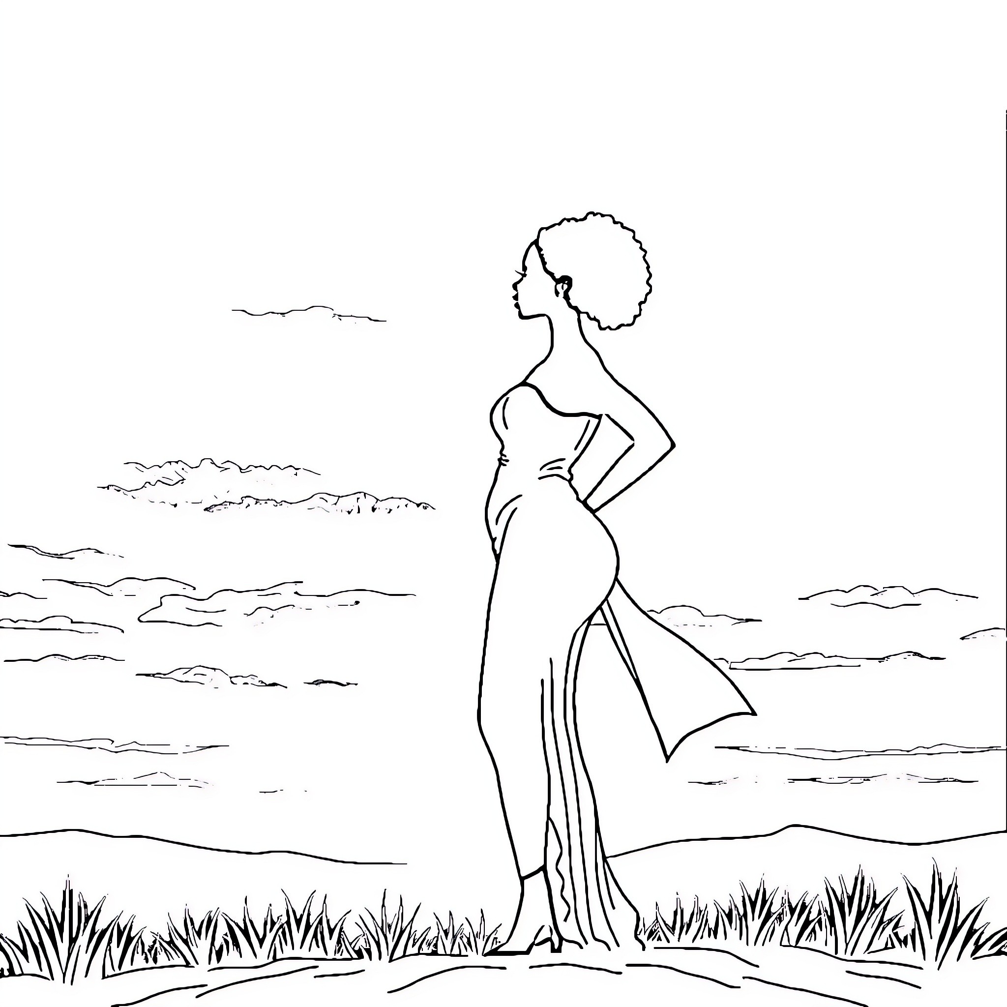 Woman in Flowing Dress Stands Outdoors Coloring Page (free black-and-white line drawing printable PDF for all, from beginners to advanced learners, including children, teens, adults, and seniors)