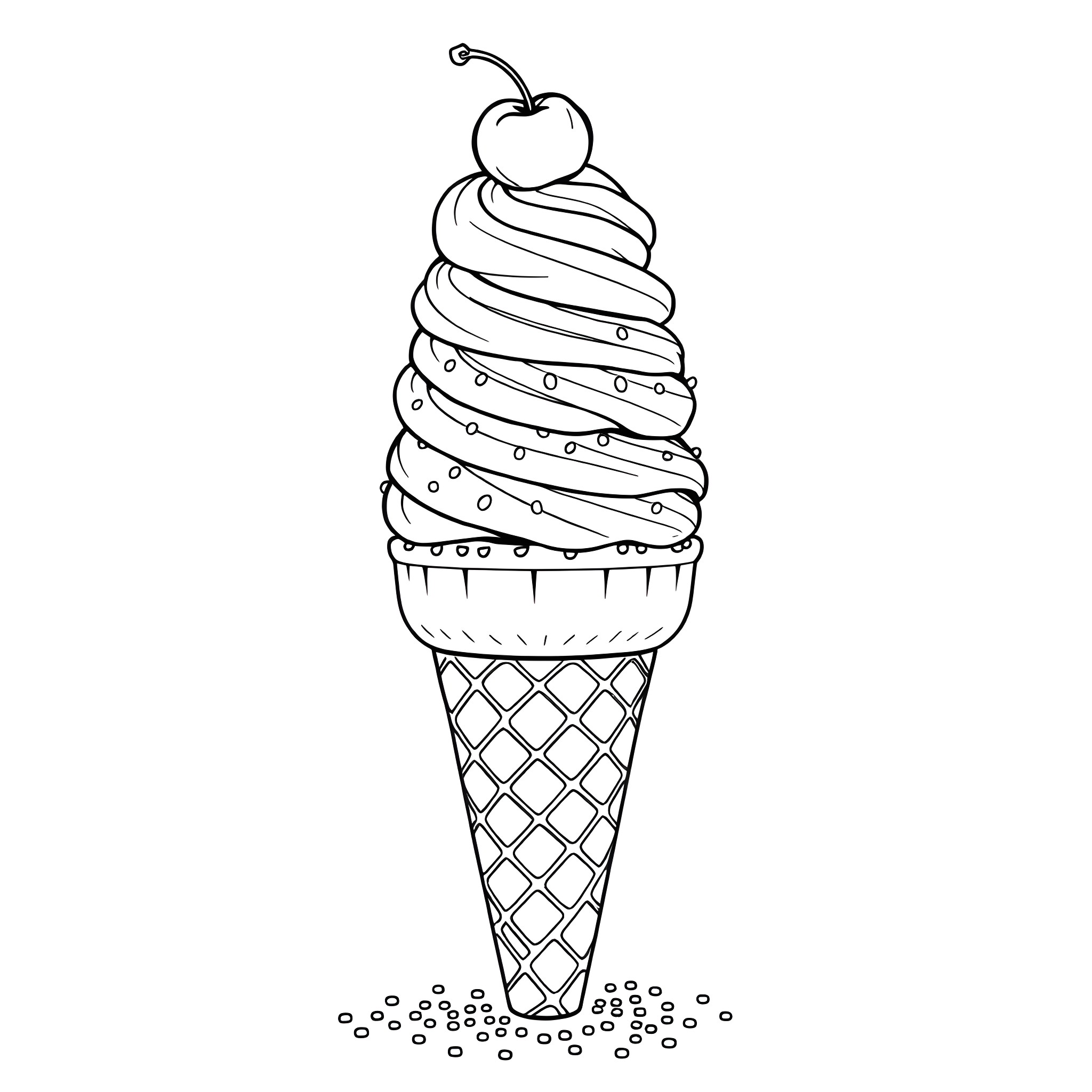 Ice Cream Cone with Swirling Topping Coloring Page (free black-and-white line drawing printable PDF for all, from beginners to advanced learners, including children, teens, adults, and seniors)