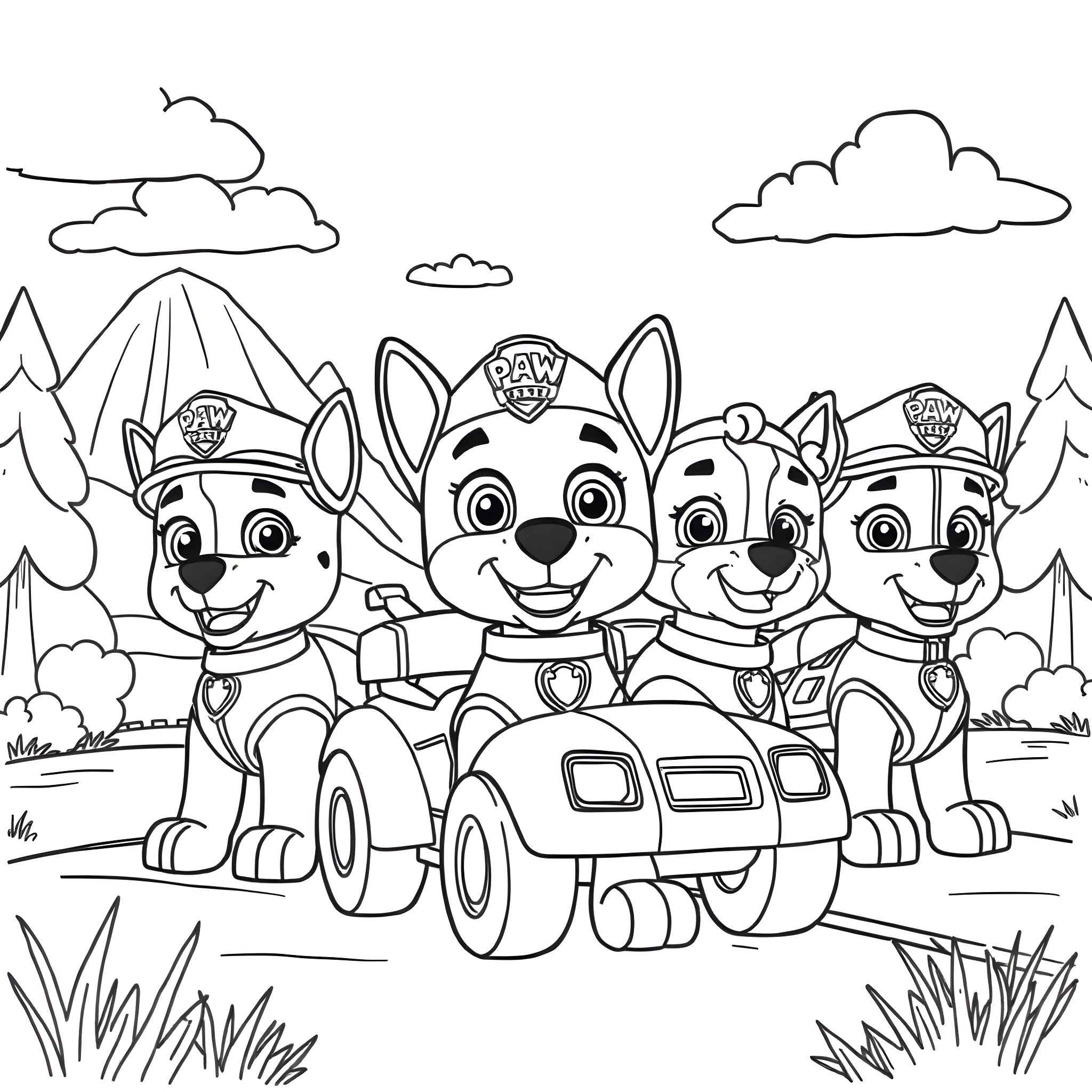 Paw Patrol pups on patrol in the wilderness Coloring Page (free black-and-white line drawing printable PDF for all, from beginners to advanced learners, including children, teens, adults, and seniors)