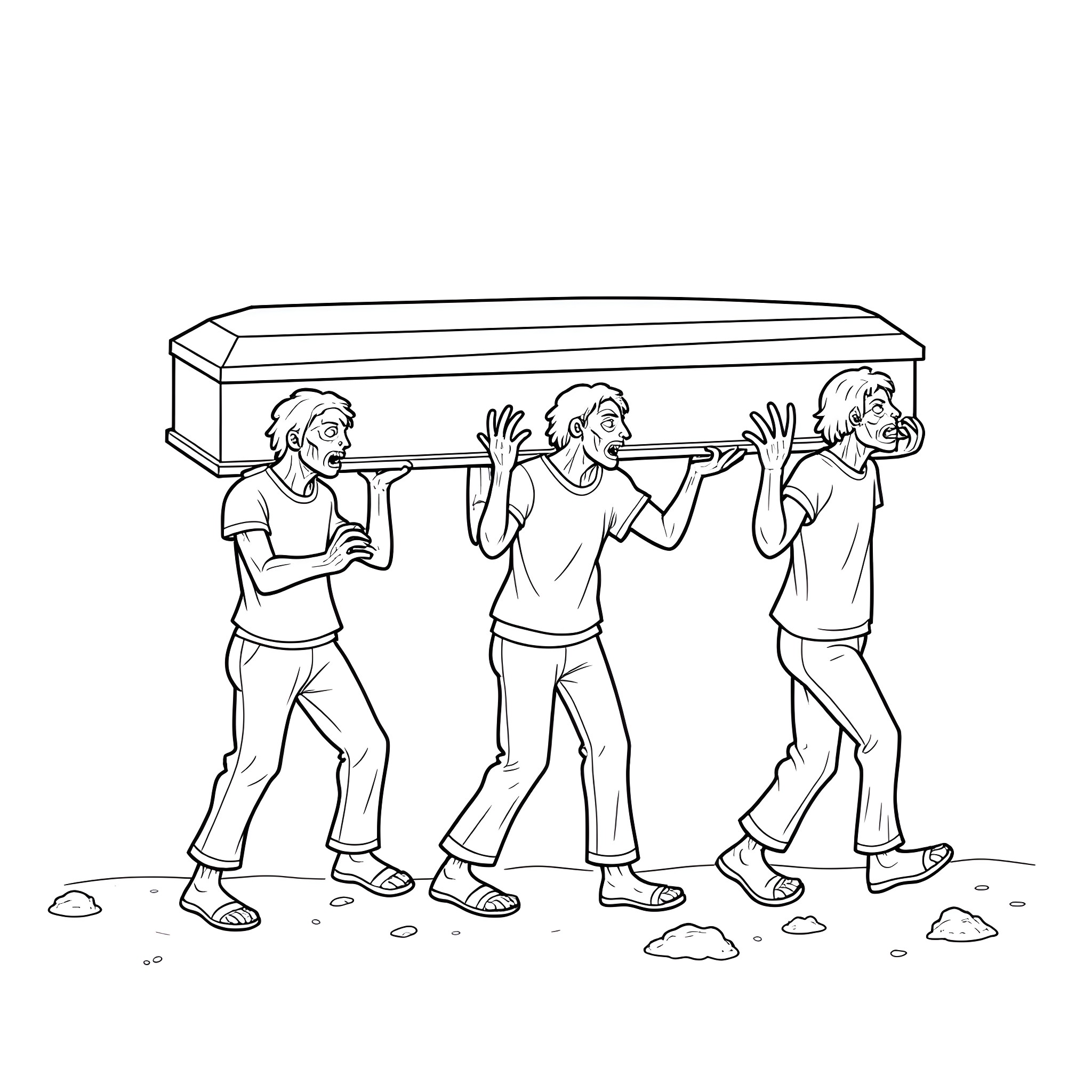 Zombie-like figures carrying a coffin together Coloring Page (free black-and-white line drawing printable PDF for all, from beginners to advanced learners, including children, teens, adults, and seniors)