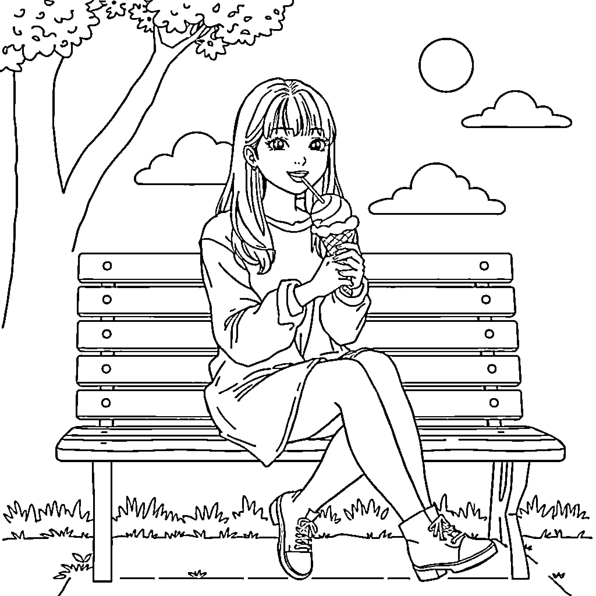 Rumi relaxing on a bench in the park Coloring Page (free black-and-white line drawing printable PDF for all, from beginners to advanced learners, including children, teens, adults, and seniors)
