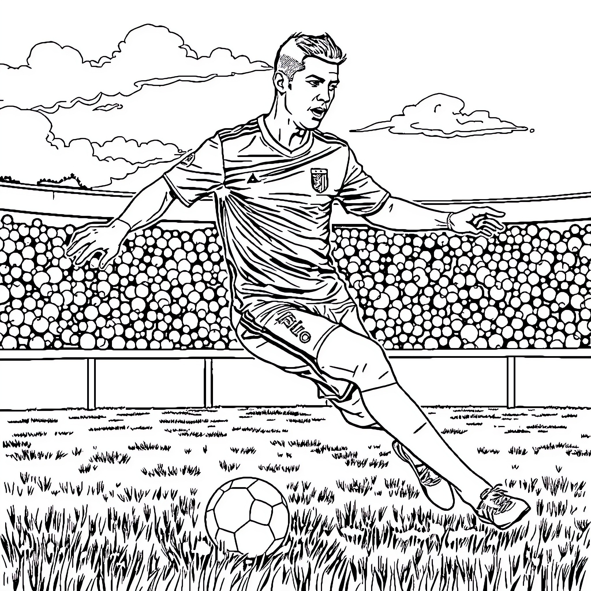 Ronaldo in action on the soccer field Coloring Page (free black-and-white line drawing printable PDF for all, from beginners to advanced learners, including children, teens, adults, and seniors)