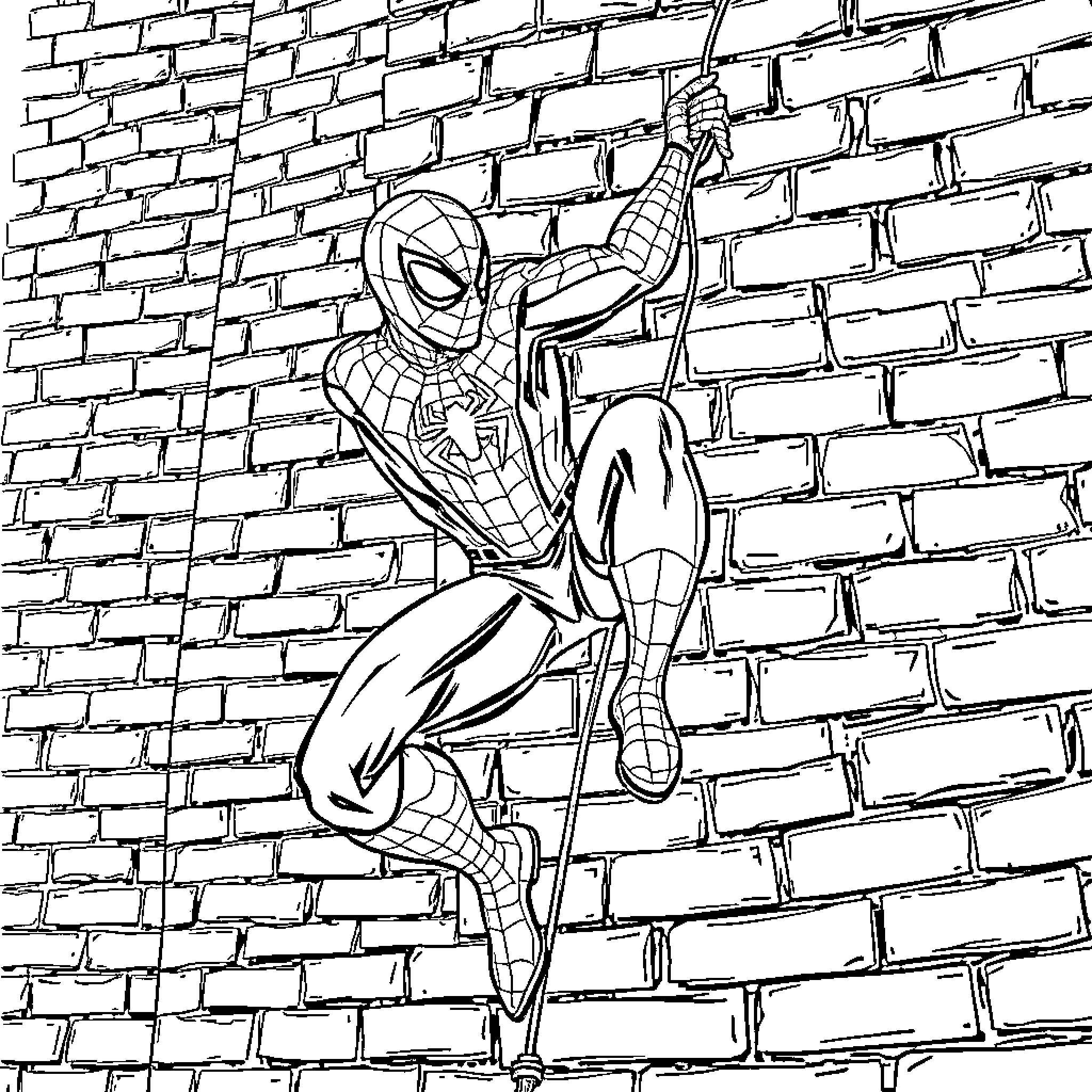 Spiderman climbing up the brick wall Coloring Page (free black-and-white line drawing printable PDF for all, from beginners to advanced learners, including children, teens, adults, and seniors)