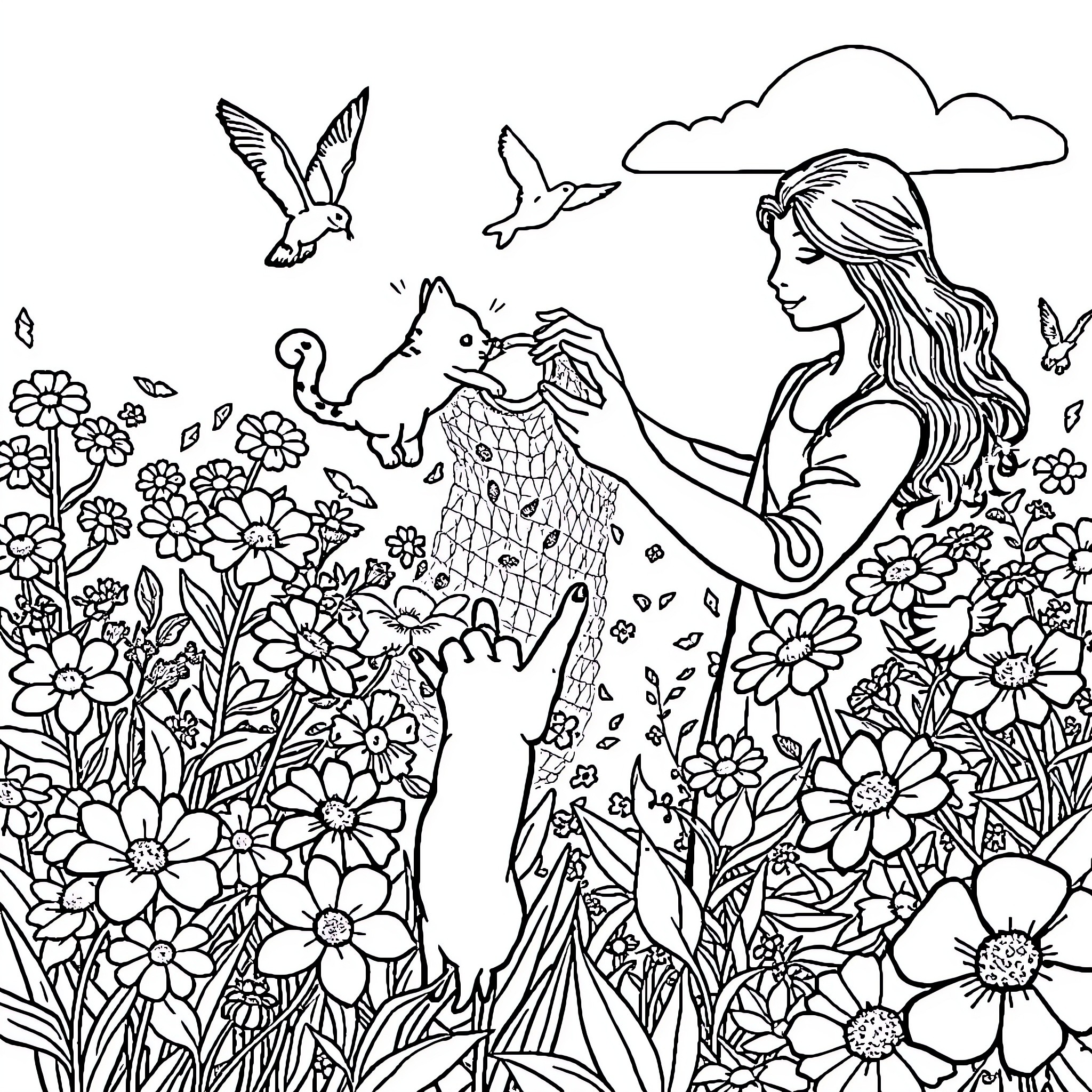 Woman interacting with animals and nature in a floral field Coloring Page (free black-and-white line drawing printable PDF for all, from beginners to advanced learners, including children, teens, adults, and seniors)
