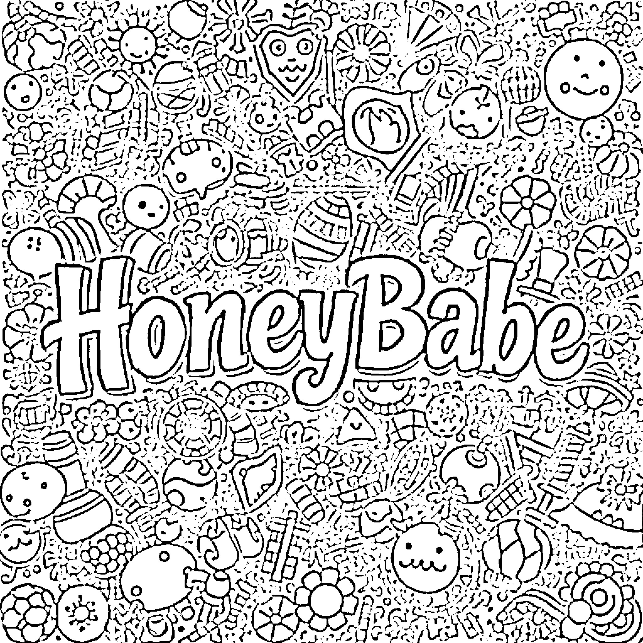 HoneyBabe: Playful and Whimsical Doodles Coloring Page (free black-and-white line drawing printable PDF for all, from beginners to advanced learners, including children, teens, adults, and seniors)