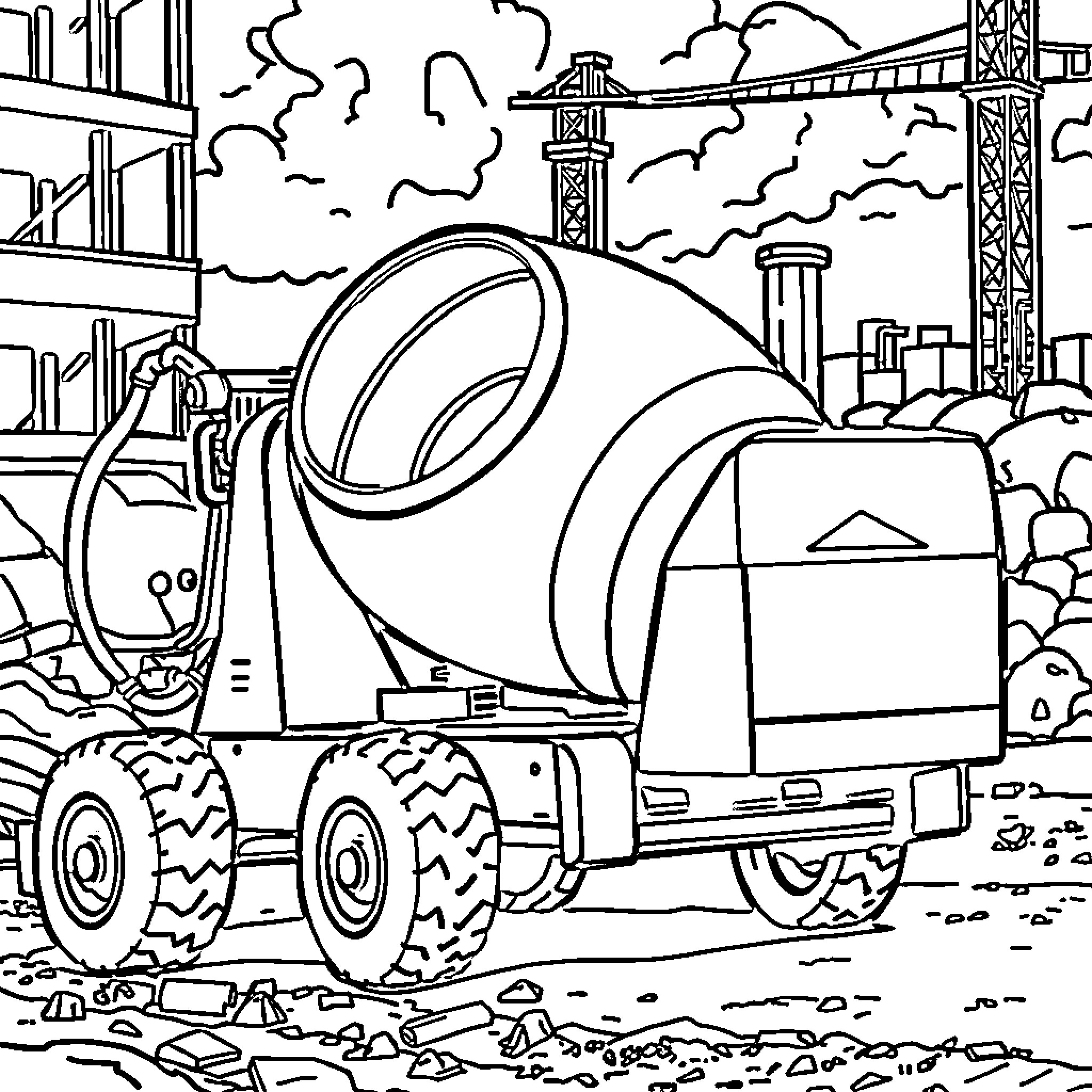 Cement Mixer on Construction Site Coloring Page (free black-and-white line drawing printable PDF for all, from beginners to advanced learners, including children, teens, adults, and seniors)
