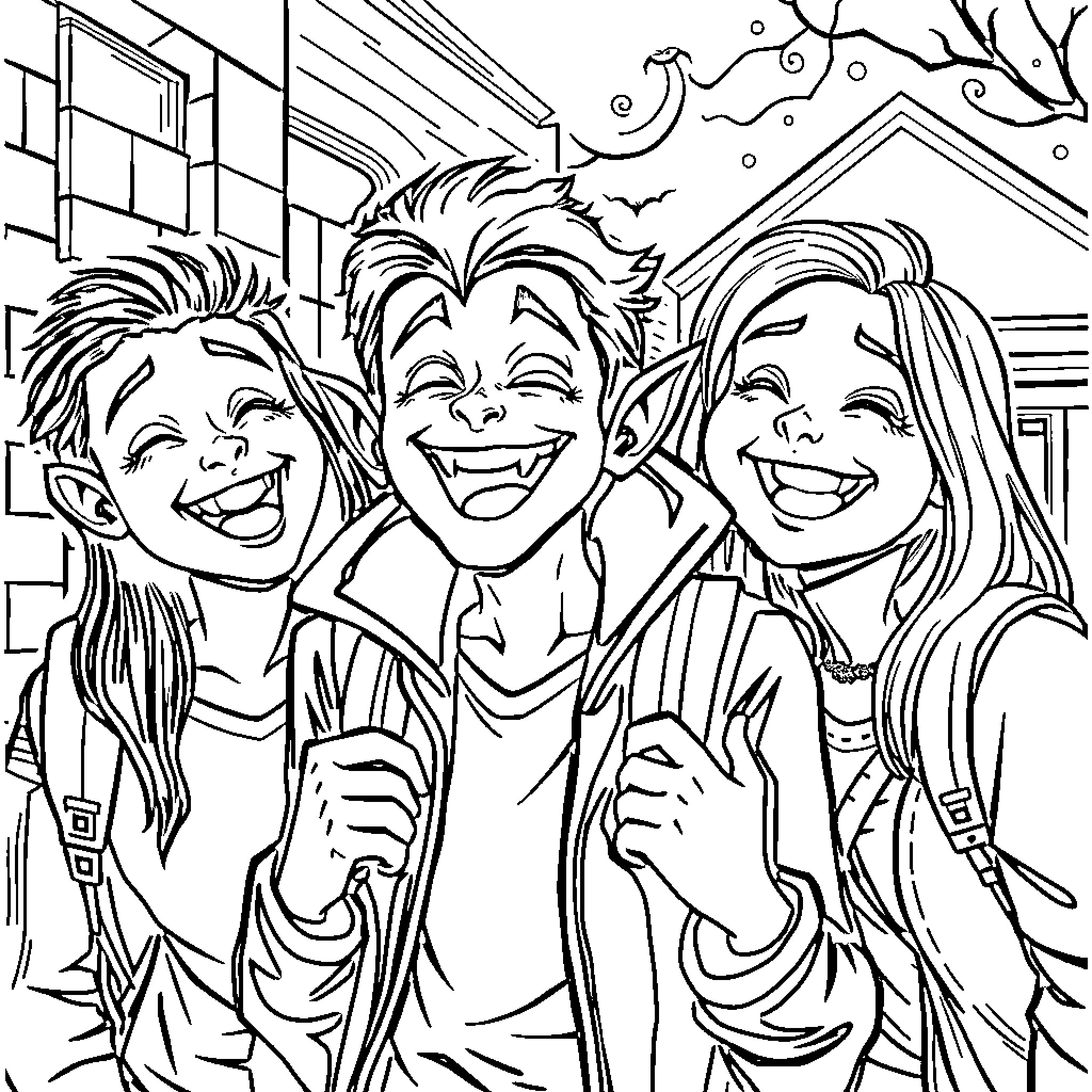 Vampire friends enjoying a spooky night together Coloring Page (free black-and-white line drawing printable PDF for all, from beginners to advanced learners, including children, teens, adults, and seniors)