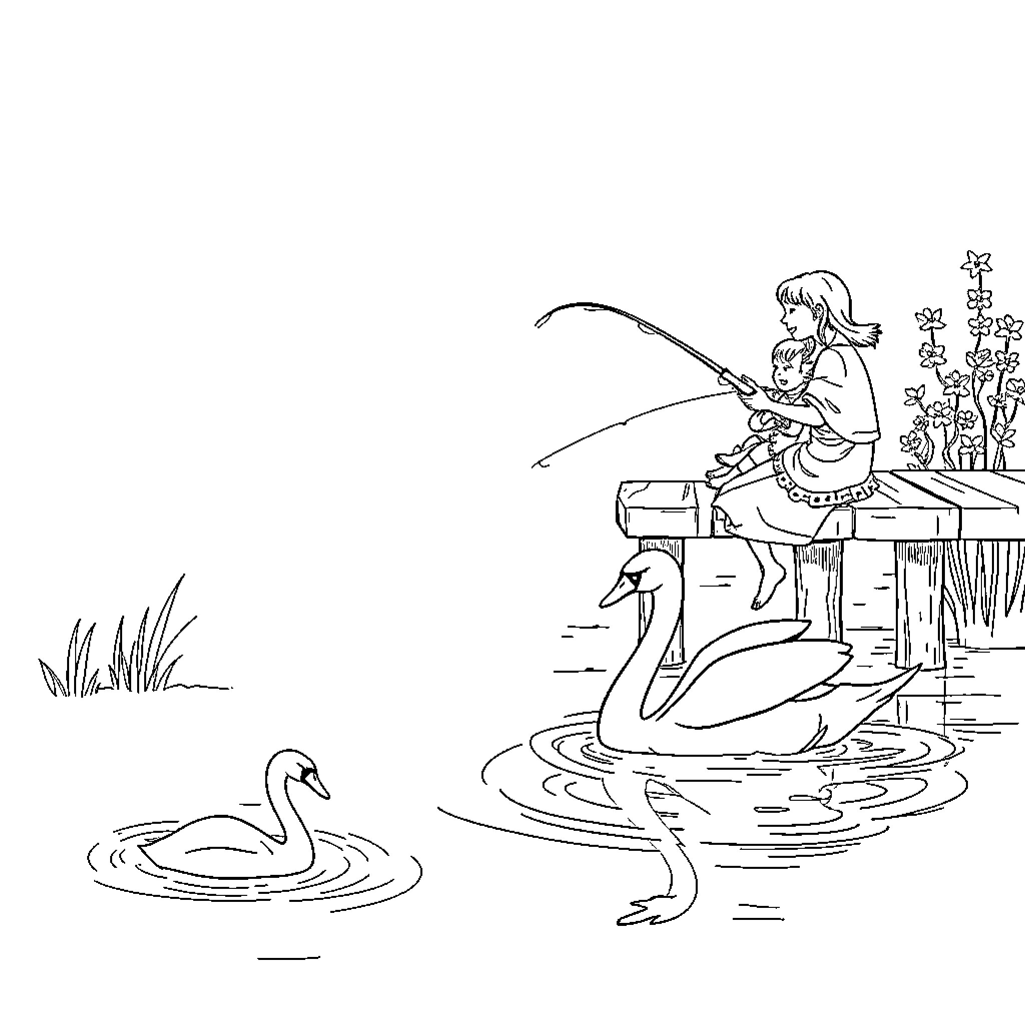 Mom fishing with her child in the lake Coloring Page (free black-and-white line drawing printable PDF for all, from beginners to advanced learners, including children, teens, adults, and seniors)